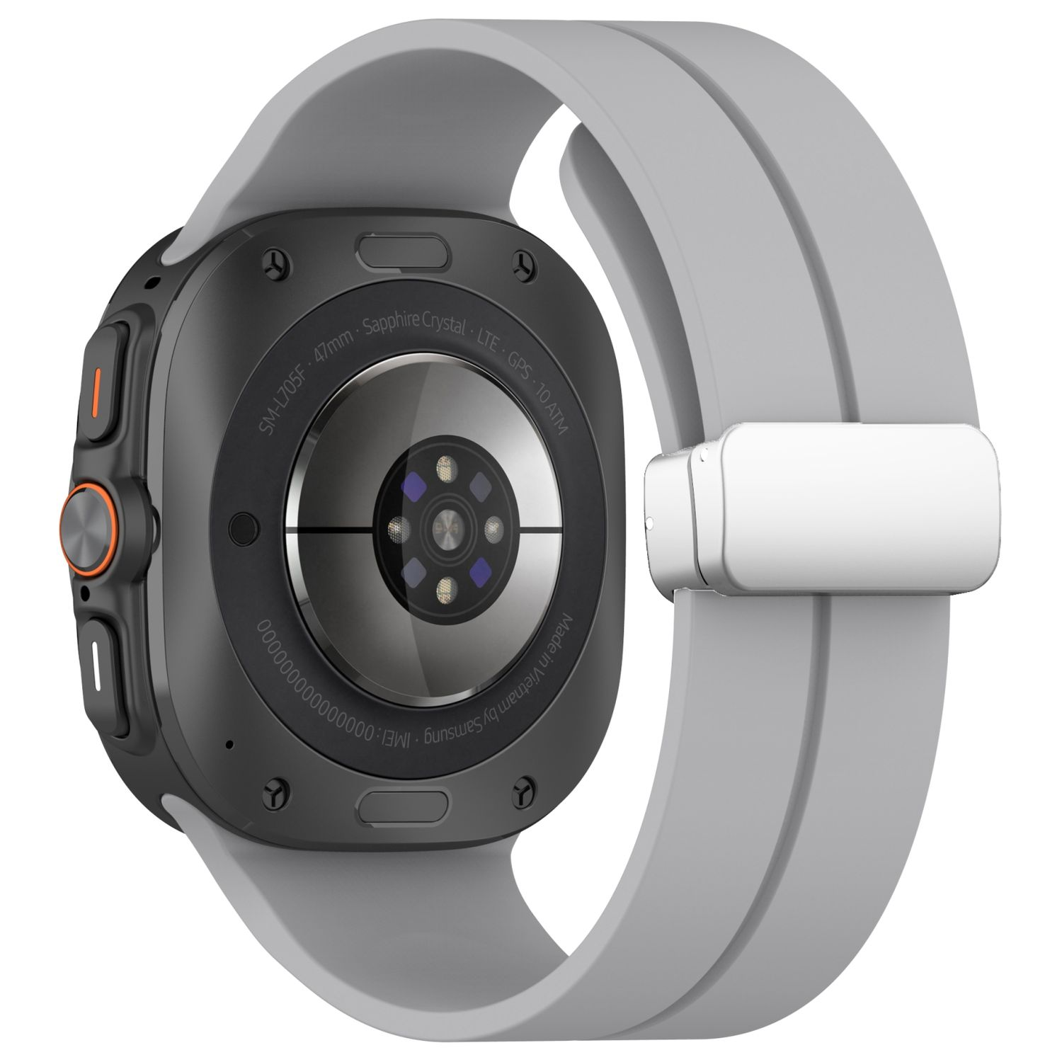 Schwarze Smartwatch mit grauem Armband, Nahaufnahme.