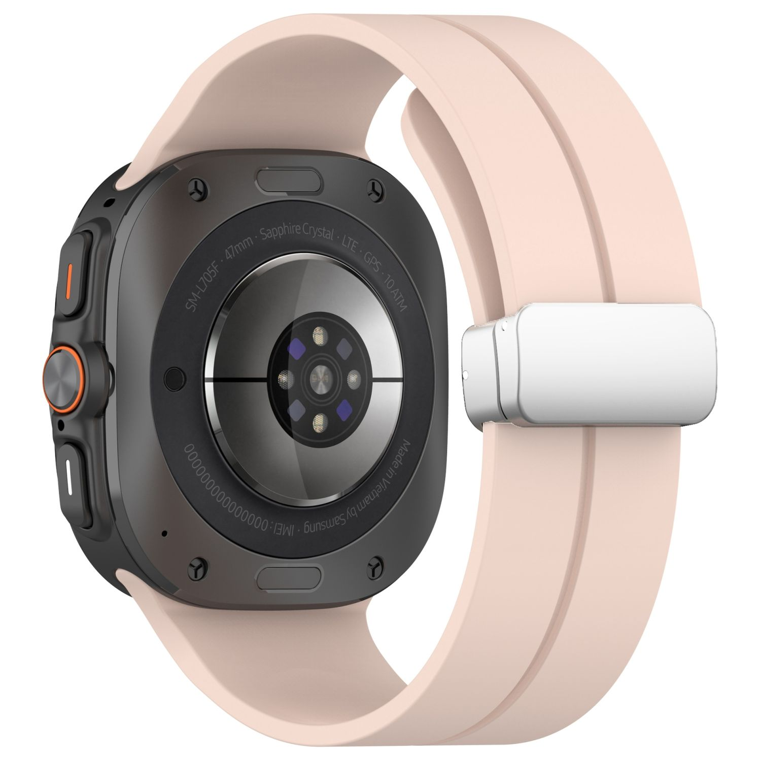 Rückseite einer Smartwatch mit rosa Armband. Text: SM-L705F, Saphirkristall, GPS. Weißer Hintergrund.