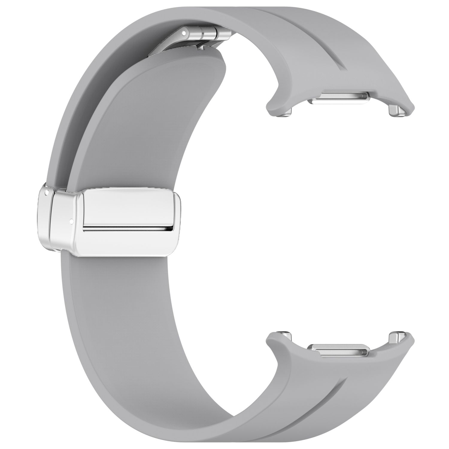 Ein hellgraues Uhrenarmband mit einem silbernen Verschluss. Das Band ist gebogen und aus einem gummiartigen Material gefertigt.