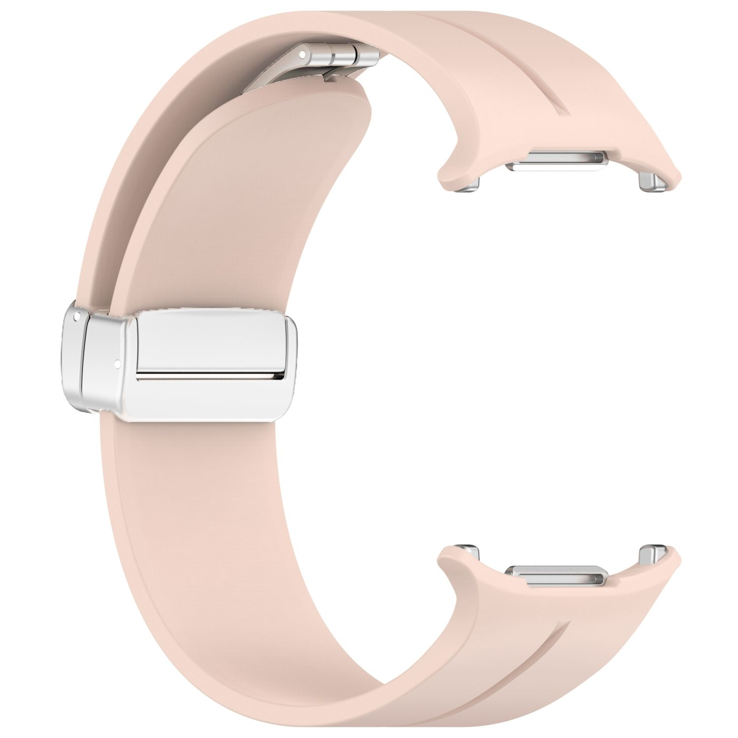 Ein hellrosa Uhrenarmband mit silbernem Verschluss. Es ist vor weißem Hintergrund gebogen.