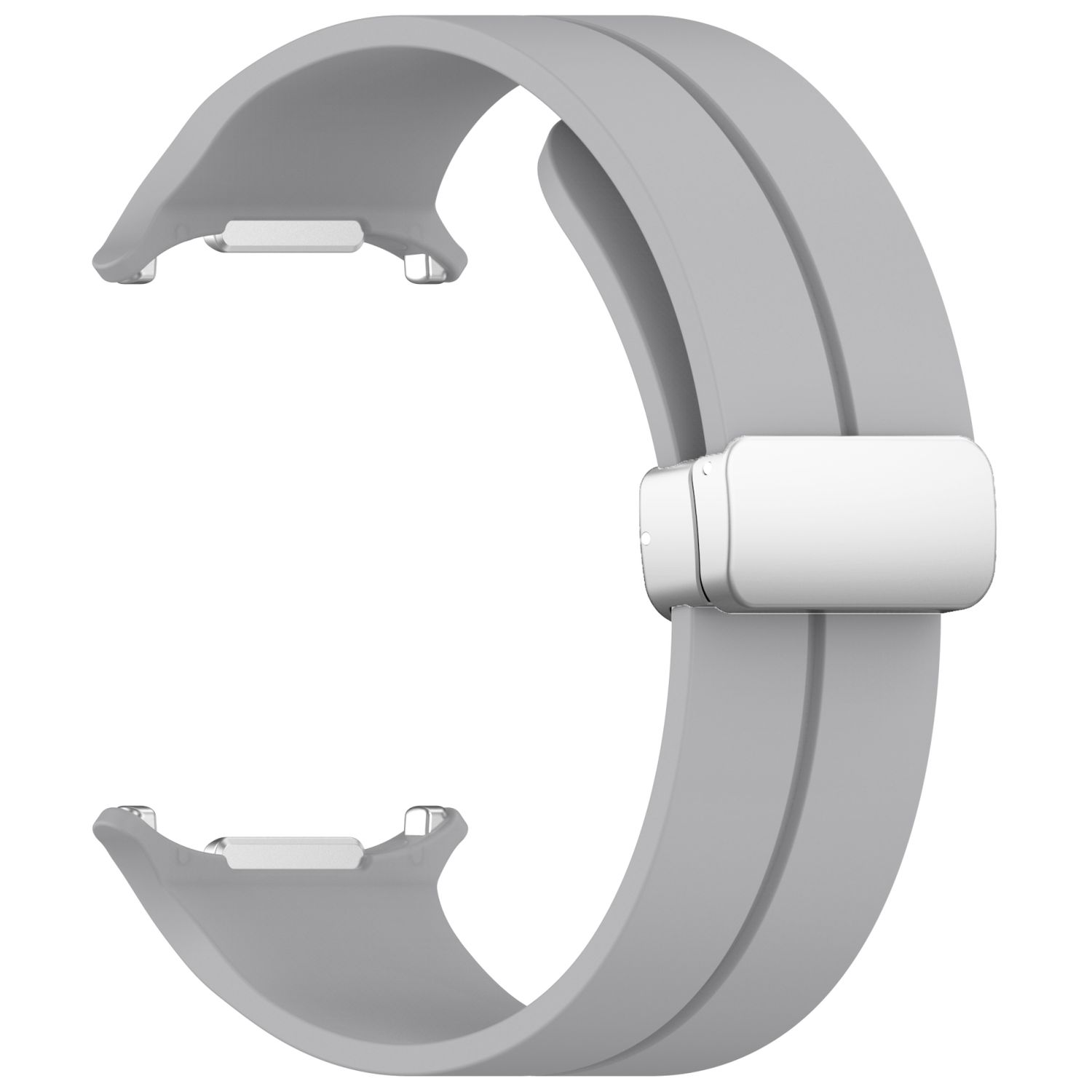 Ein graues Silikon-Uhrenarmband mit silbernem Verschluss. Das Band ist gewölbt und hat parallele Linien.