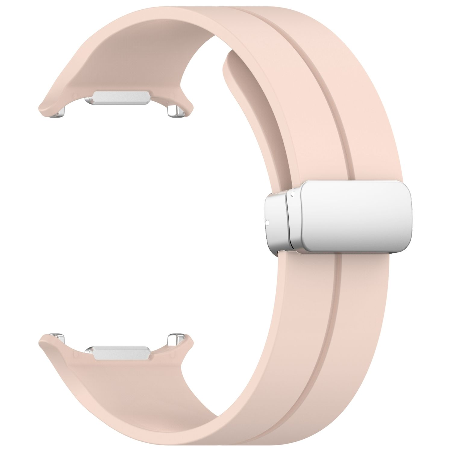 Ein pinkfarbenes Smartwatch-Armband mit silbernem Verschluss. Es ist ein gebogenes Design.