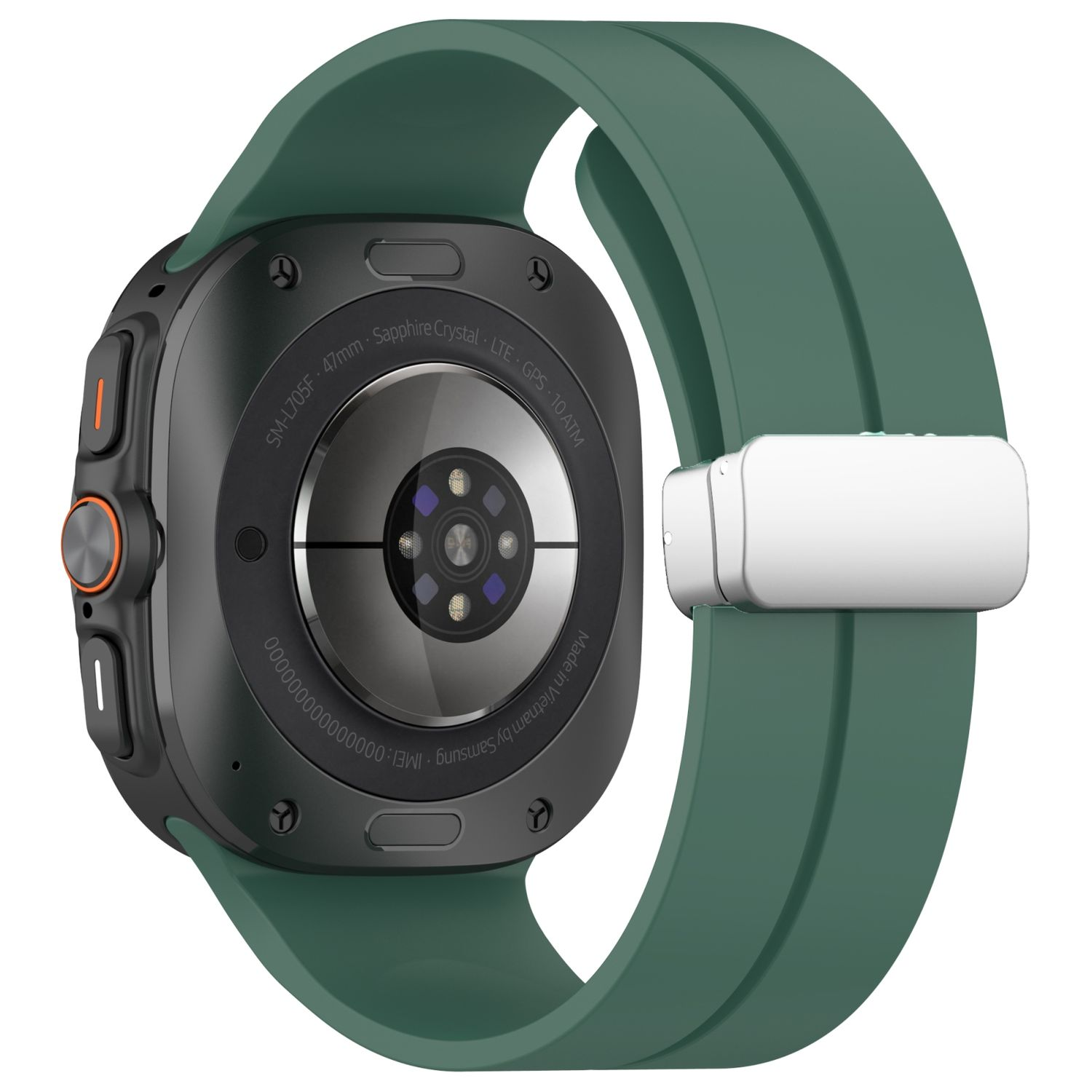 Smartwatch mit grünem Armband, Rückseite mit Sensoren und Knöpfen. Die Uhr ist schwarz.
