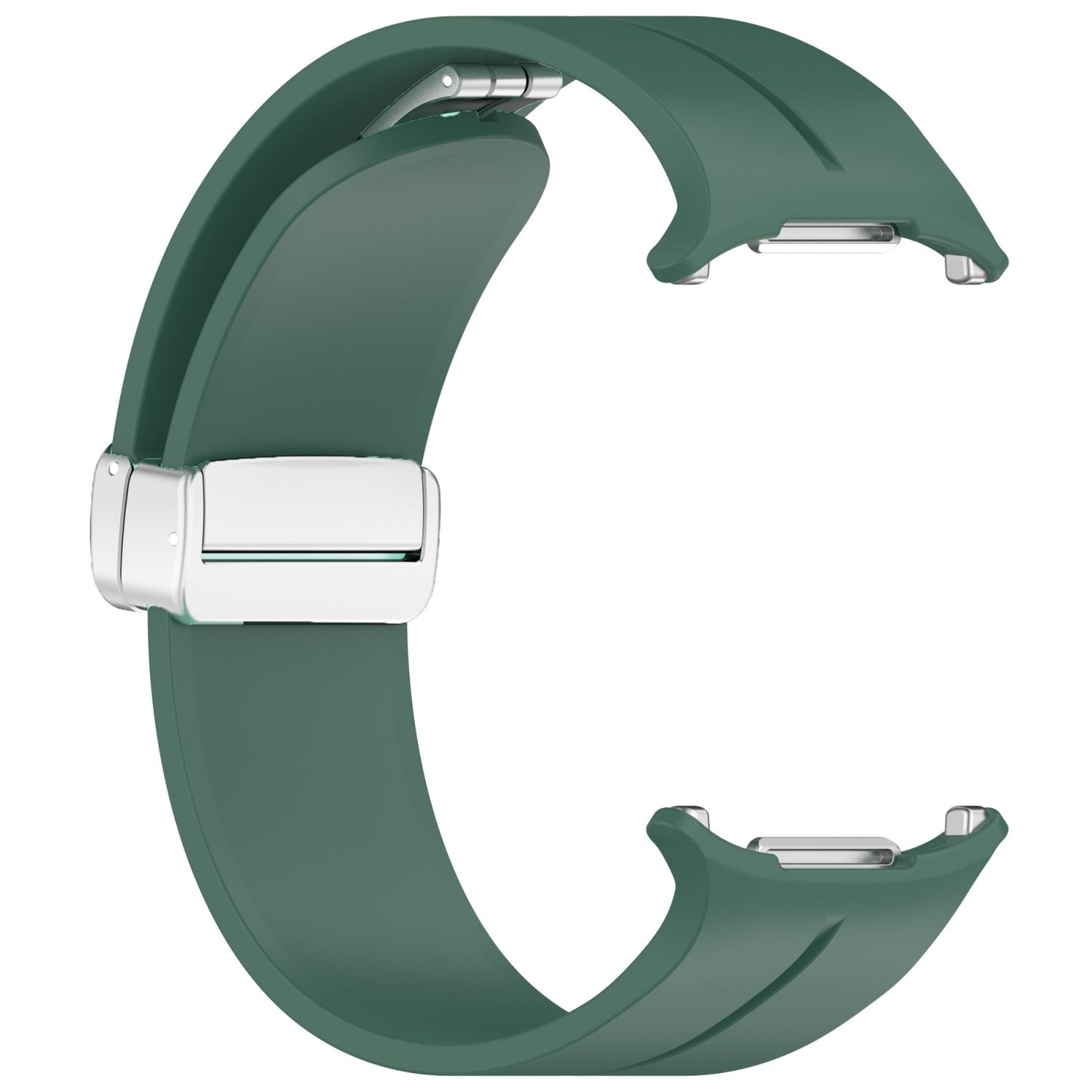 Ein grünes Uhrenarmband mit silberner Schließe wird vor weißem Hintergrund angezeigt.