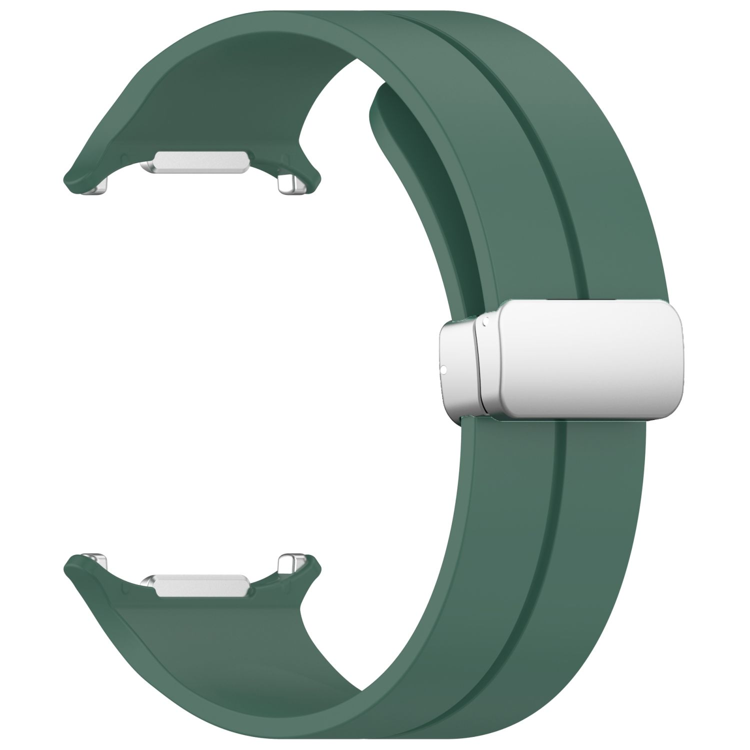 Grünes Uhrenarmband mit silbernem Verschluss. Es ist ein gebogenes Band, das an einer Uhr befestigt werden kann.