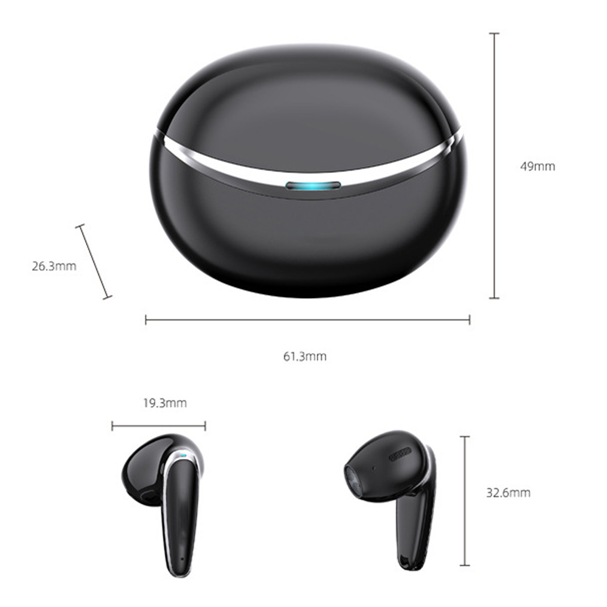 Schwarze kabellose Ohrhörer mit Ladecase. Das Case hat die Maße 61,3 mm x 49 mm x 26,3 mm.