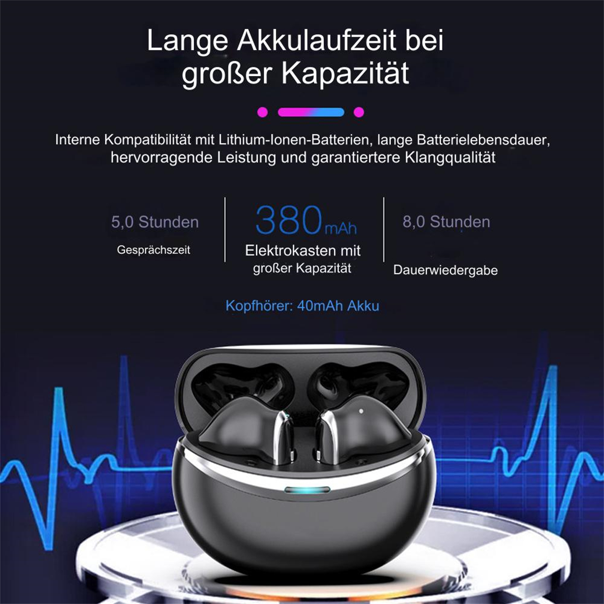 Schwarze kabellose Ohrhörer in einem Ladecase. Text zeigt Akkulaufzeit und Kapazität.