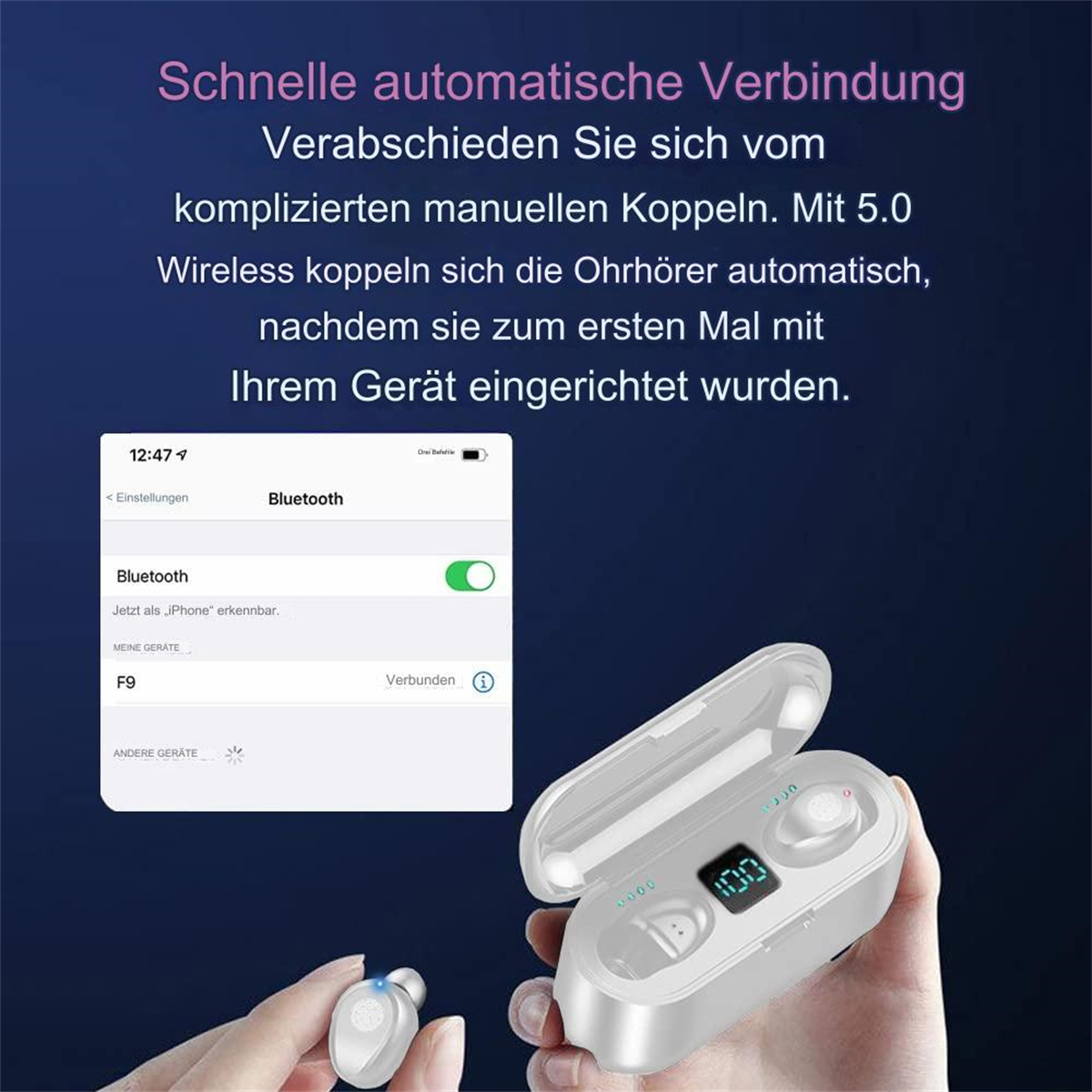 Weißes kabelloses Ohrhörer-Ladeetui und ein einzelner Ohrhörer. Telefonbildschirm zeigt Bluetooth-Einstellungen.