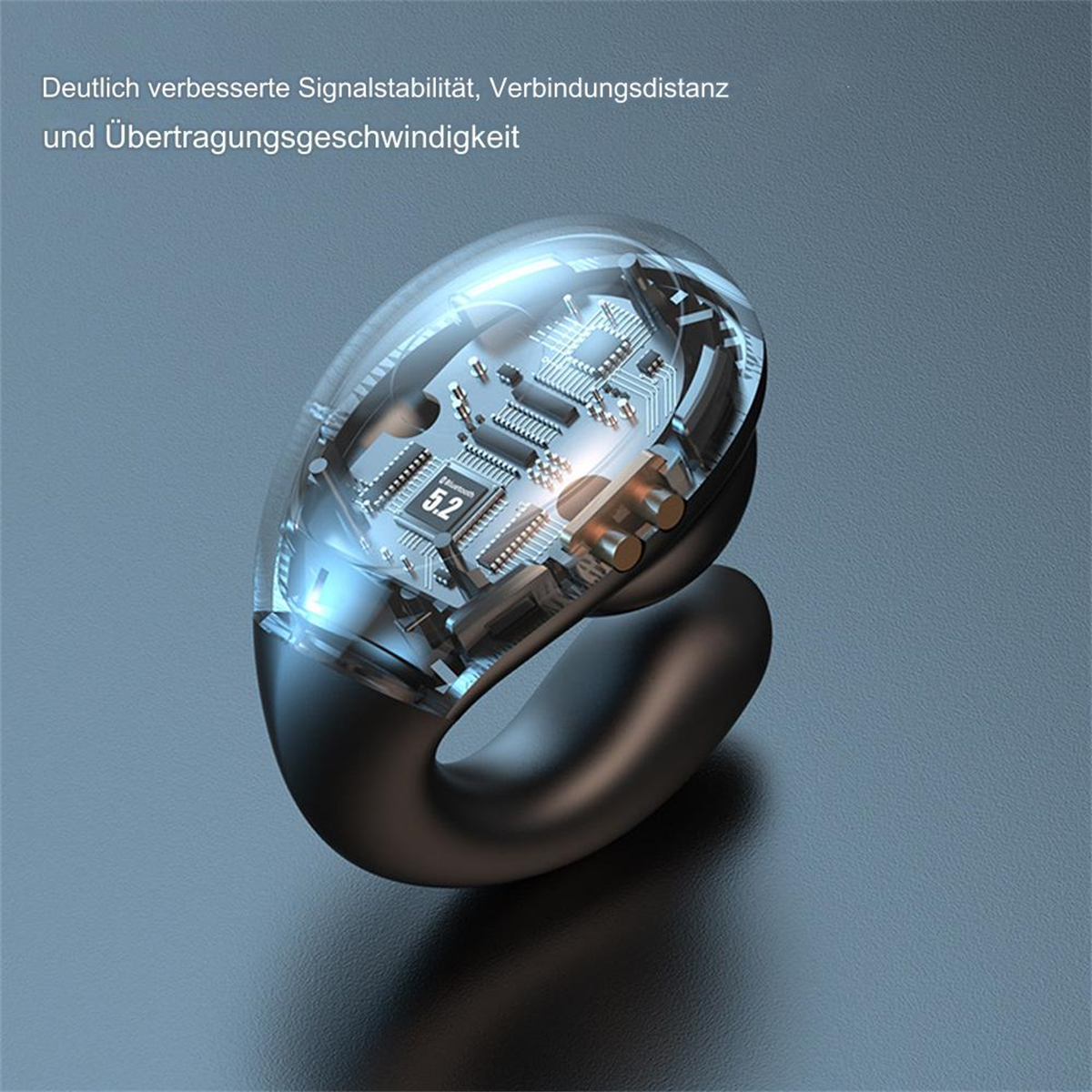 Kabelloser Ohrhörer, transparentes Design, Innenleben sichtbar.