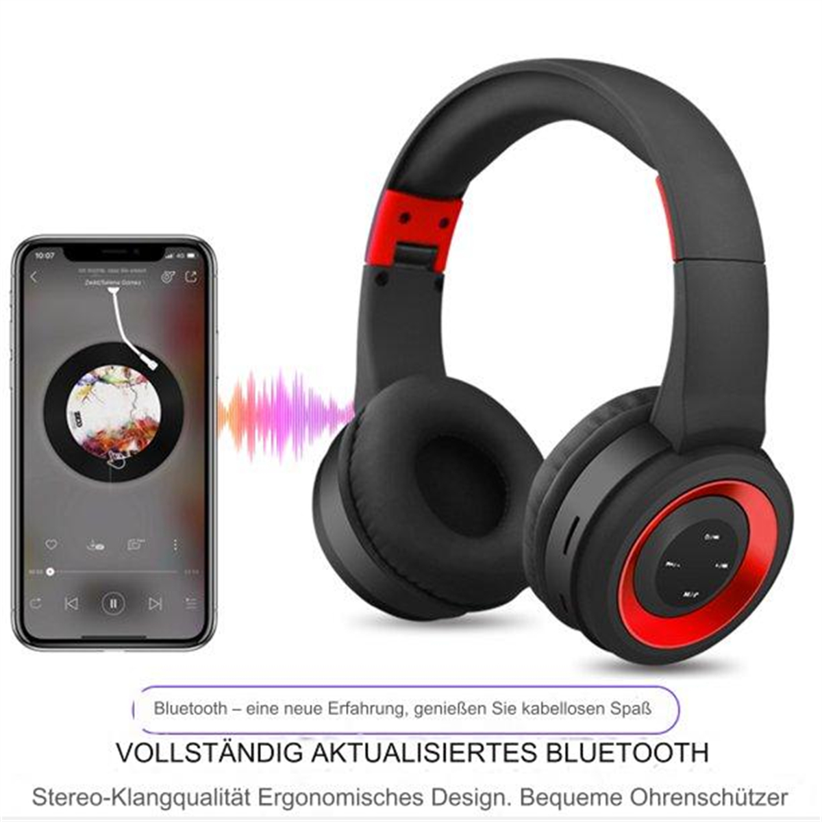 Schwarze und rote Kopfhörer neben einem Smartphone, das Audio anzeigt, mit Text darunter.
