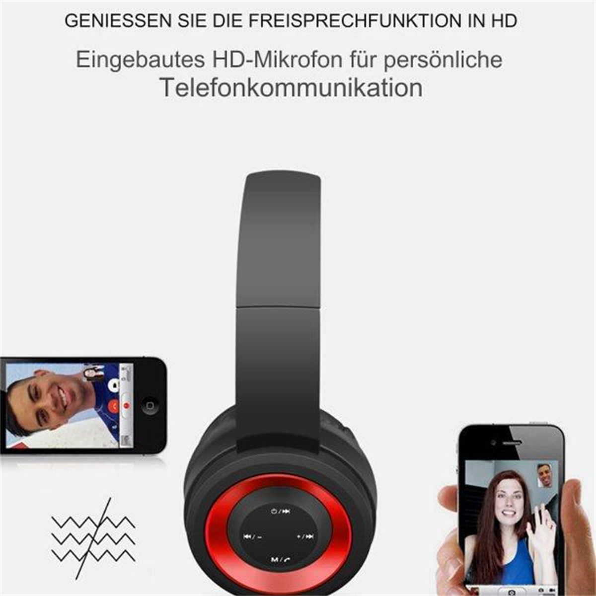 Kopfhörer mit roten Akzenten, zwei Telefone zeigen Personen beim Telefonieren.