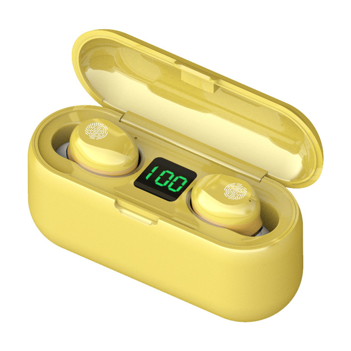 Gelbe Ohrhörer in gelbem Etui, offen. Display zeigt 100.