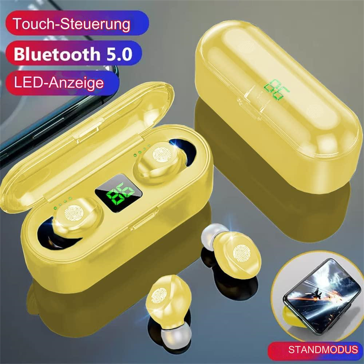 Gelbe kabellose Ohrhörer mit Ladecase. Mit Touch-Steuerung, Bluetooth 5.0 und LED-Anzeige.