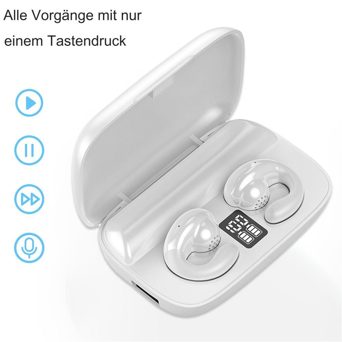 Ohrhörer in weißem Gehäuse. Touch-Bedienelemente und Display sichtbar. Weißer Hintergrund.