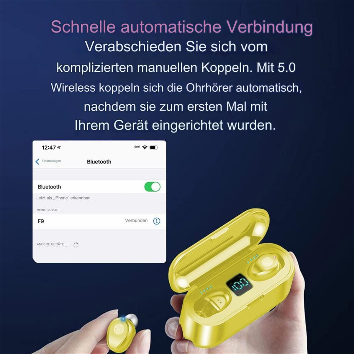 Gelbe Ohrhörer und Case, ein Telefon mit Bluetooth-Verbindungsstatus.