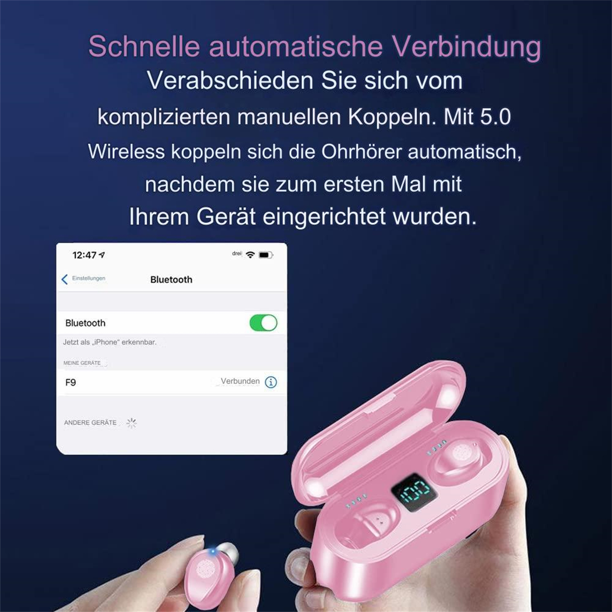Rosa Ladecase für Ohrhörer mit Telefonbildschirm, der Bluetooth-Einstellungen zeigt. Eine Hand hält das Case.