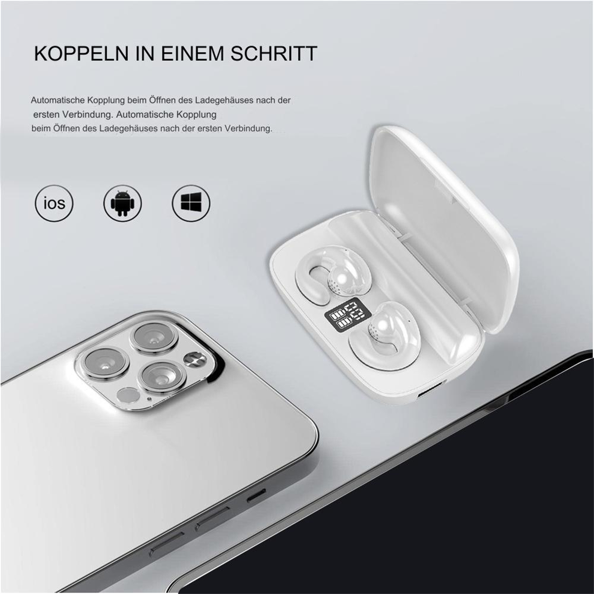 Weiße kabellose Ohrhörer in einem Ladeetui und ein silbernes Smartphone.