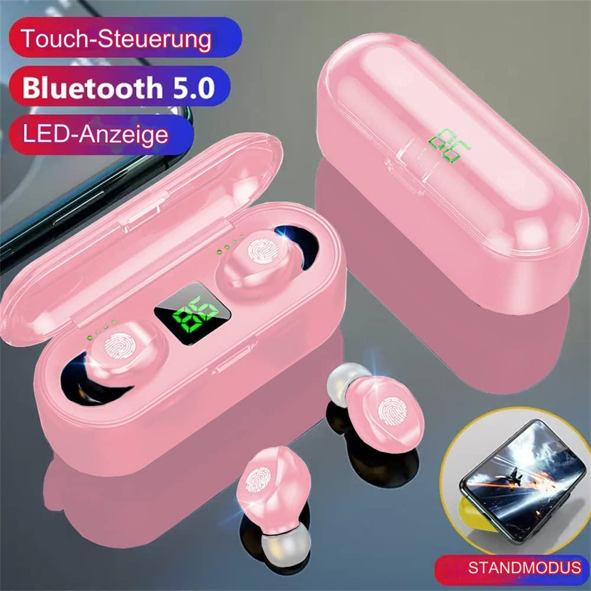 Rosa kabellose Ohrhörer im Etui. Touch-Steuerung, Bluetooth 5.0 und LED-Anzeige.