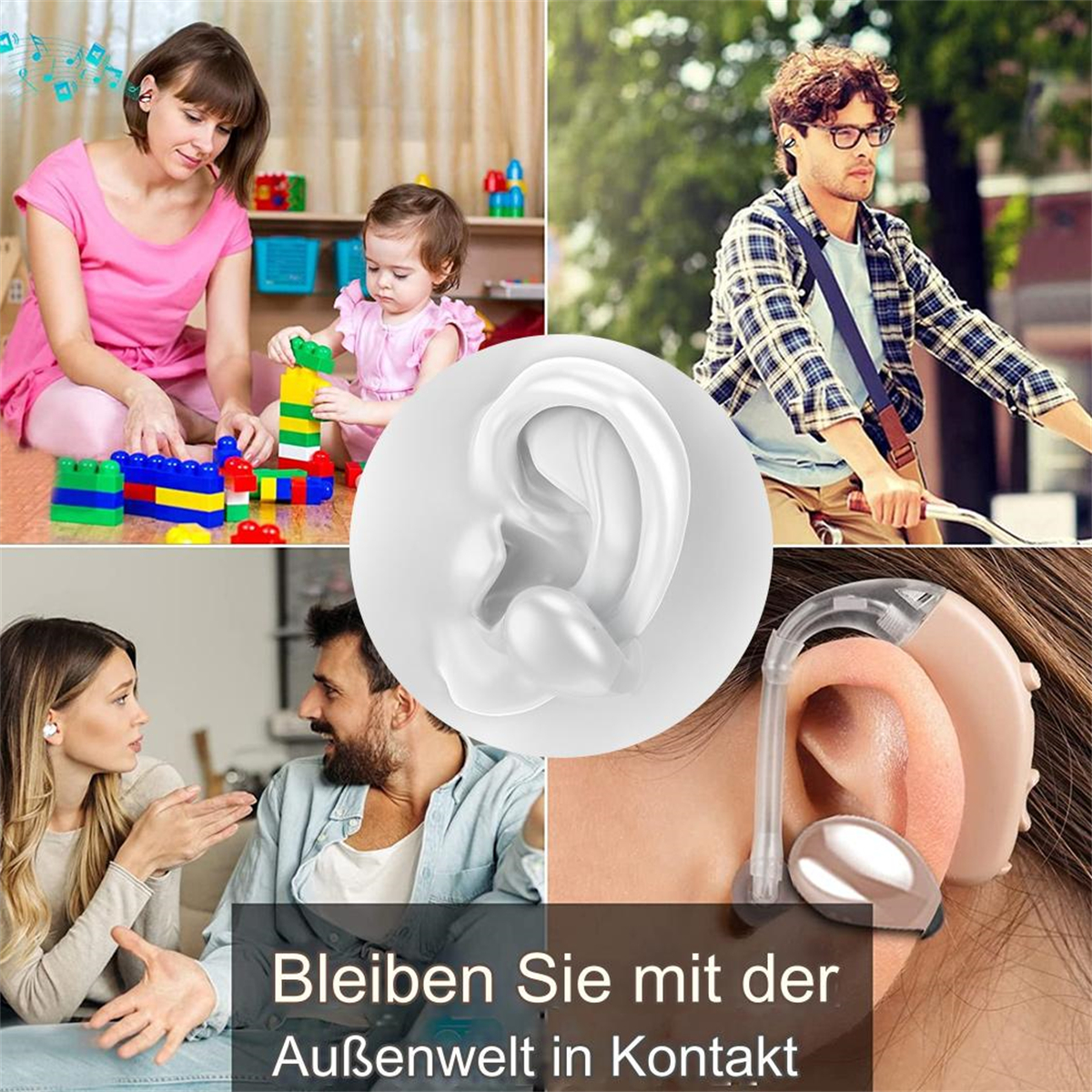Collage von Menschen, die Hörgeräte benutzen. Beinhaltet ein Baby, einen Mann auf dem Fahrrad, Menschen in einem Gespräch.