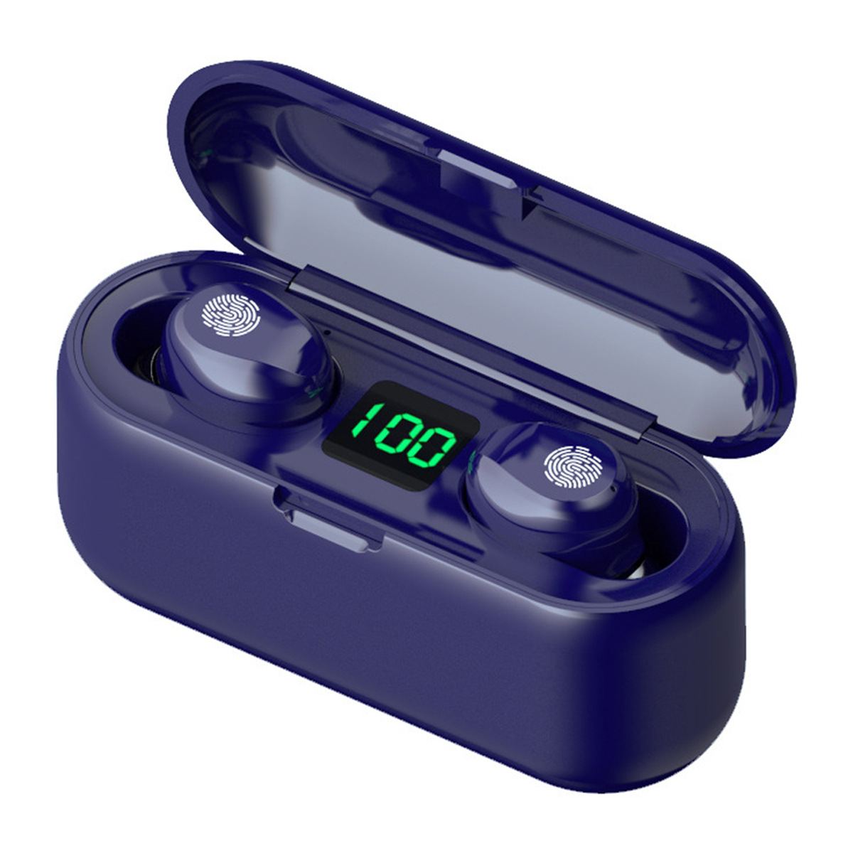 Blaue kabellose Ohrhörer mit Ladecase, Anzeige 100.