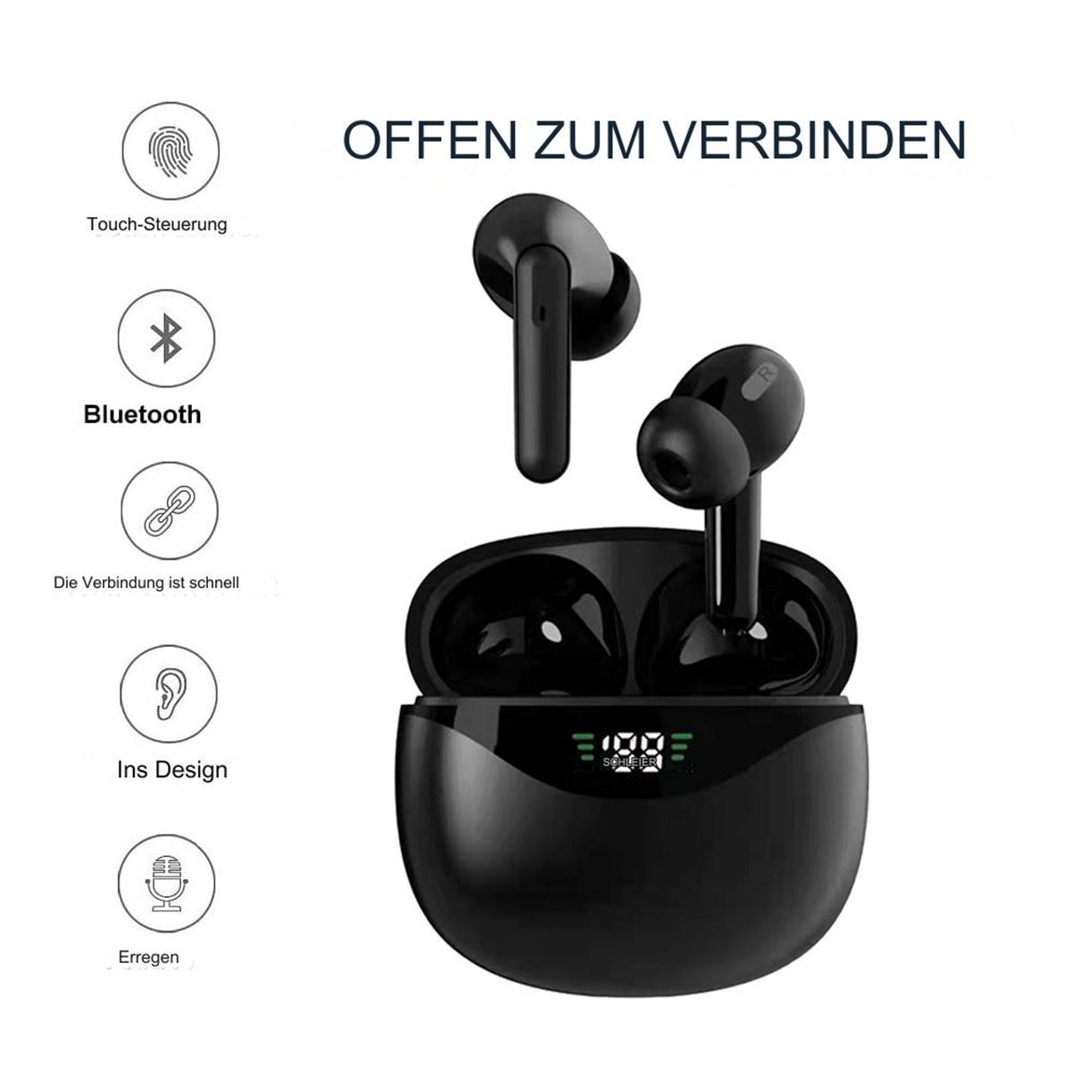 Schwarze kabellose Ohrhörer und Ladeetui mit Display. Ohrhörer sind aus dem Etui.
