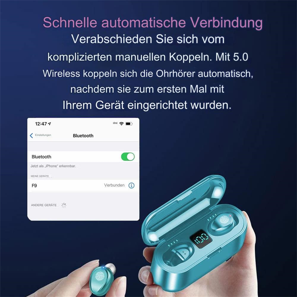Hände halten Ohrhörer und Ladecase. Der Bildschirm zeigt Bluetooth-Einstellungen mit verbundenem Gerät.