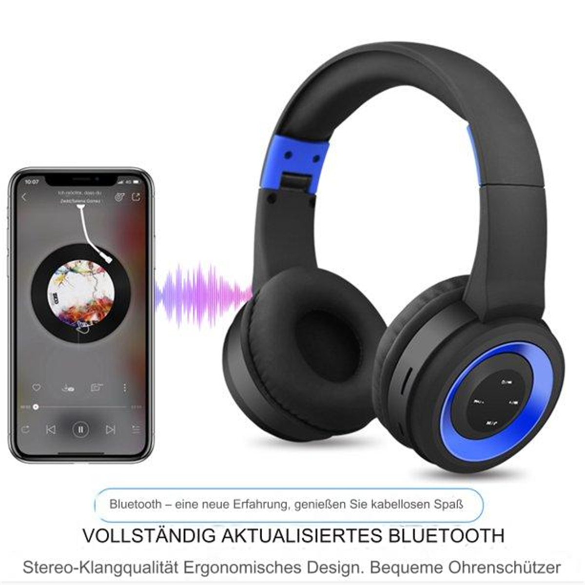 Smartphone mit Kopfhörern auf weißem Hintergrund, Bluetooth-Verbindung und Schallwellen.
