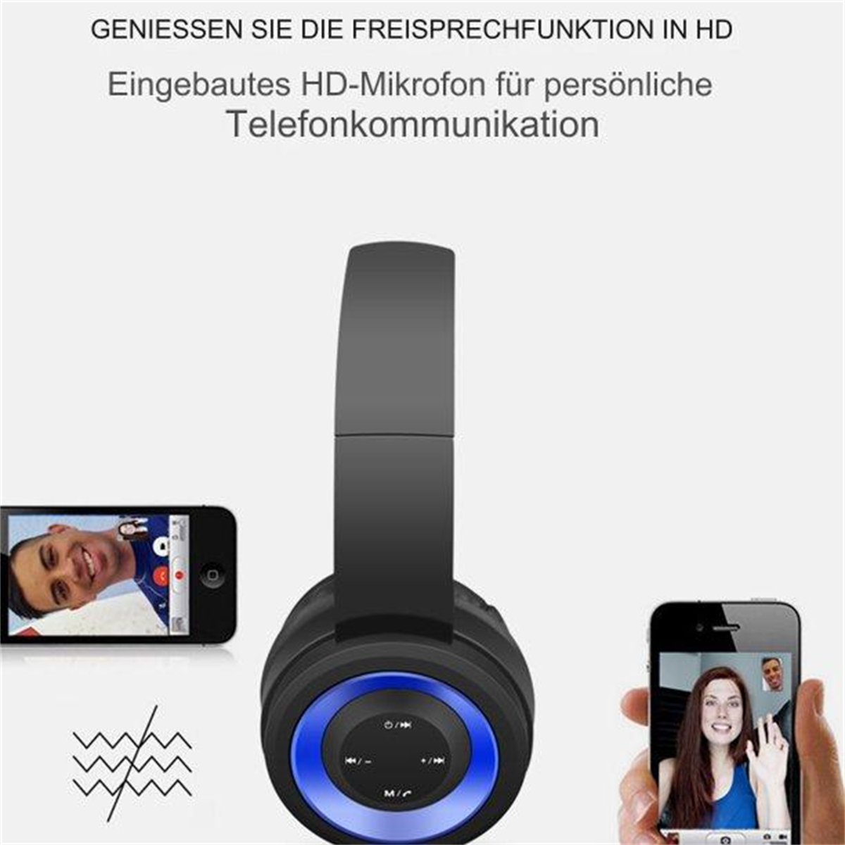 Ein schwarzes Headset mit einer Person, die am Telefon spricht. Es gibt zwei Telefone.