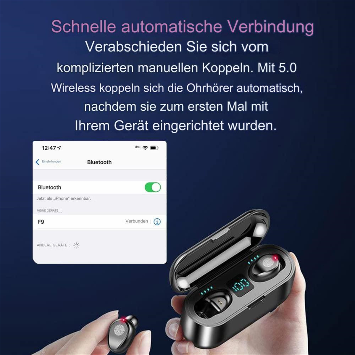 Ohrhörer im Ladeetui und Telefonbildschirm mit Bluetooth-Verbindung.