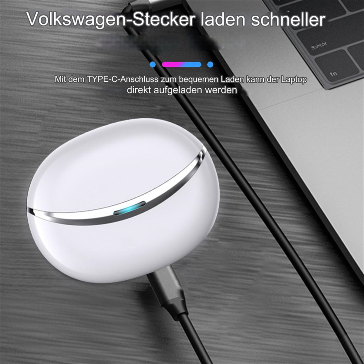Ein weißes Ladegerät mit schwarzem Kabel, das einen Laptop lädt.