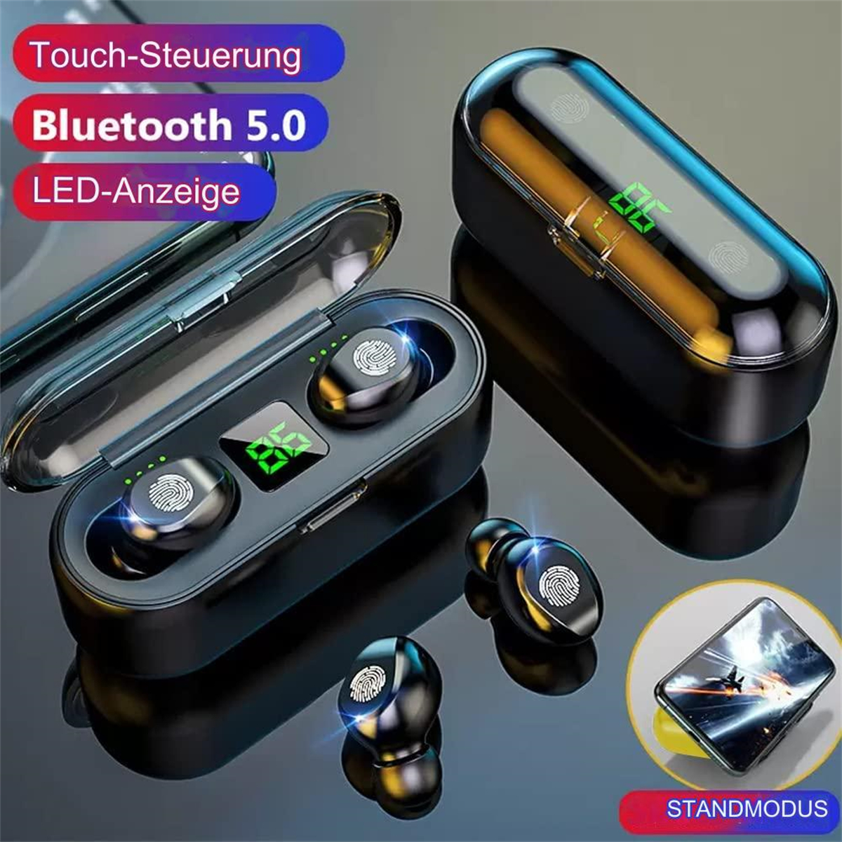 Schwarze kabellose Ohrhörer in einem Ladecase. Touch-Steuerung, Bluetooth 5.0, LED-Anzeige.