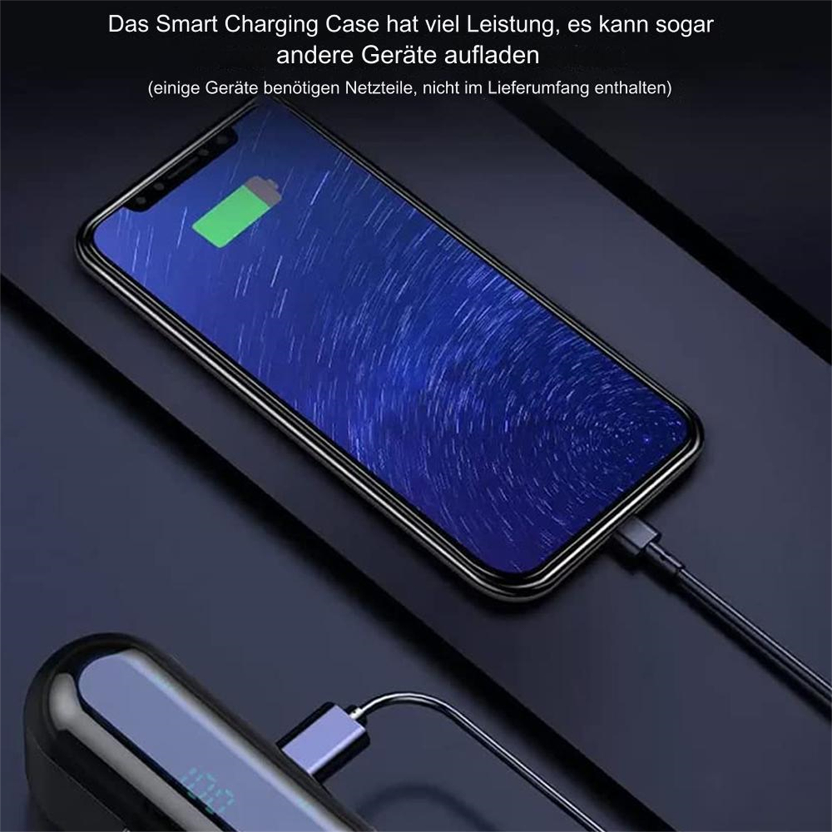 Telefon lädt, mit einem Ladebatterie-Symbol. Der Hintergrund ist unscharf.