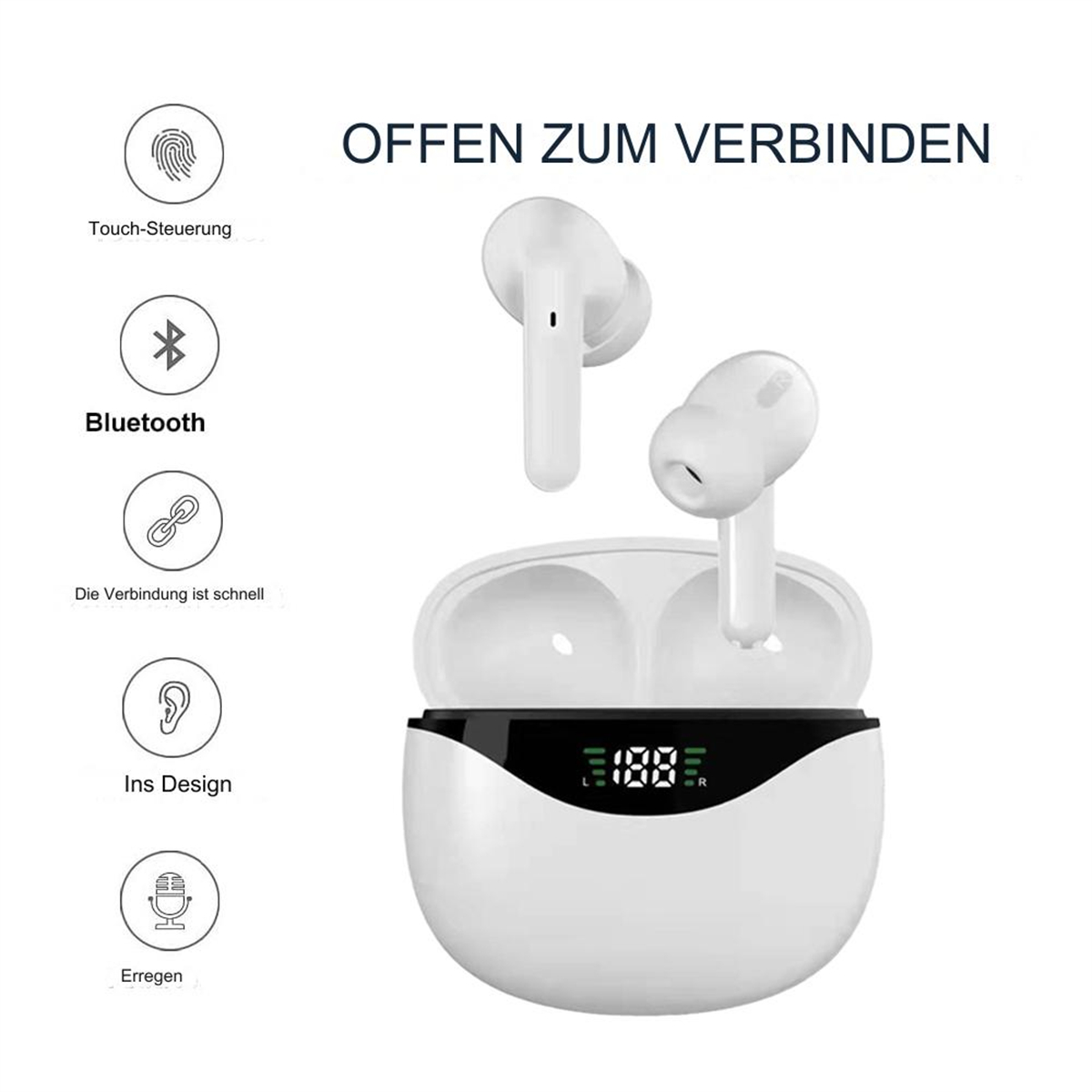 Weiße kabellose Ohrhörer mit einem Ladecase, das ein Display und Symbole zeigt.