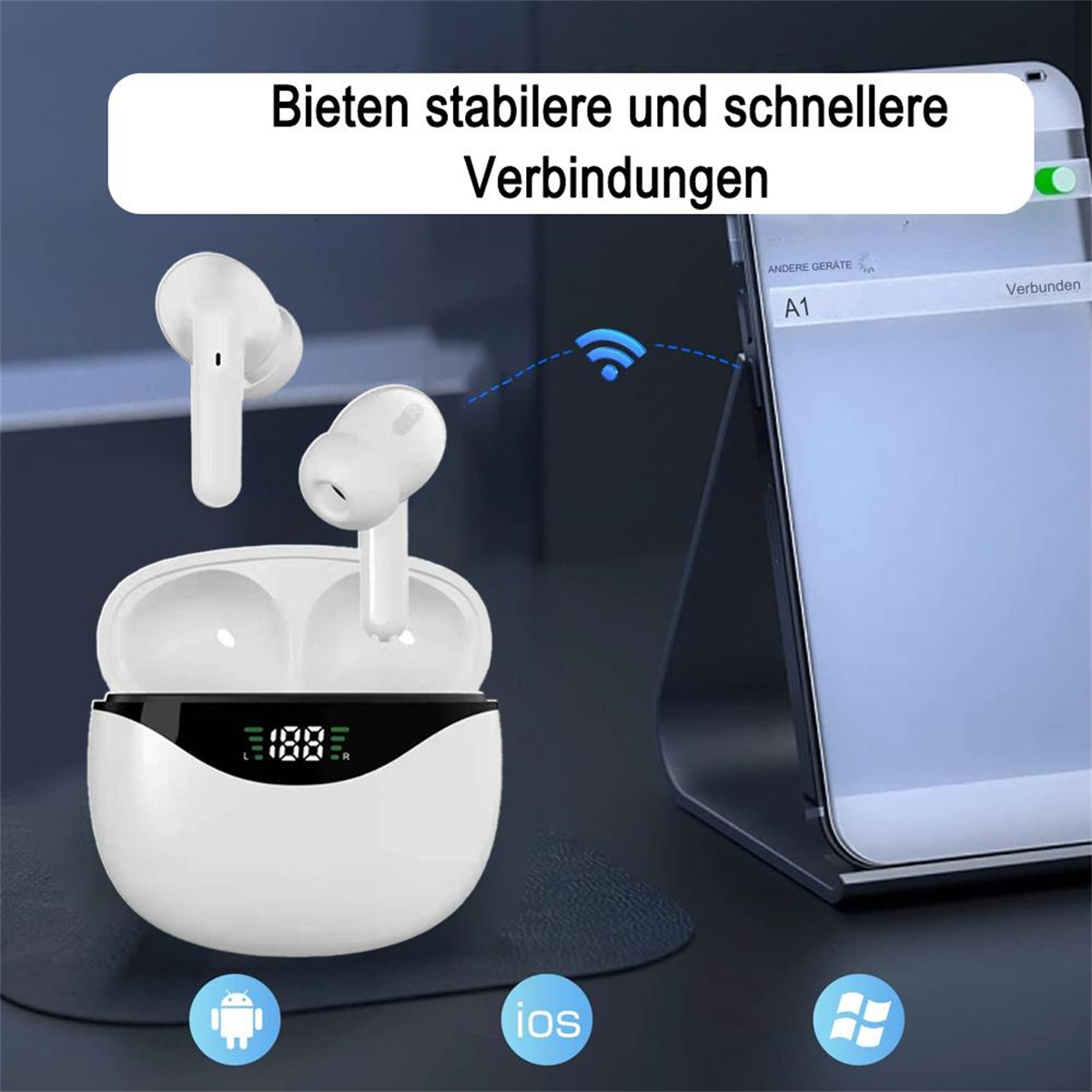 Weiße Ohrhörer mit Ladecase und Telefon. Text sagt: "Bieten stabilere und schnellere Verbindungen."