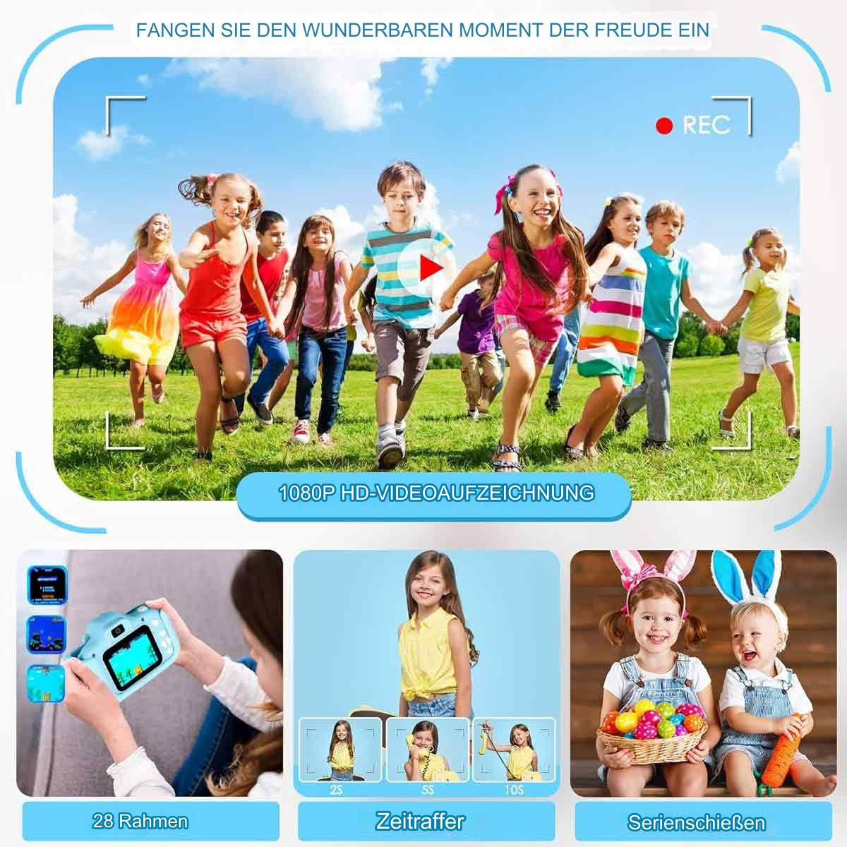 Kinder laufen, Kamera mit Optionen und Kinder mit Hasenohren und Ostereiern.