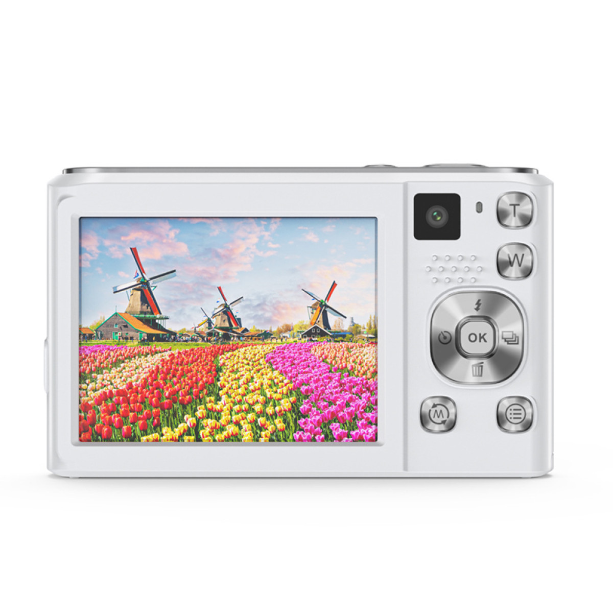 Biały aparat cyfrowy wyświetlający na ekranie pole kolorowych tulipanów i wiatraków.