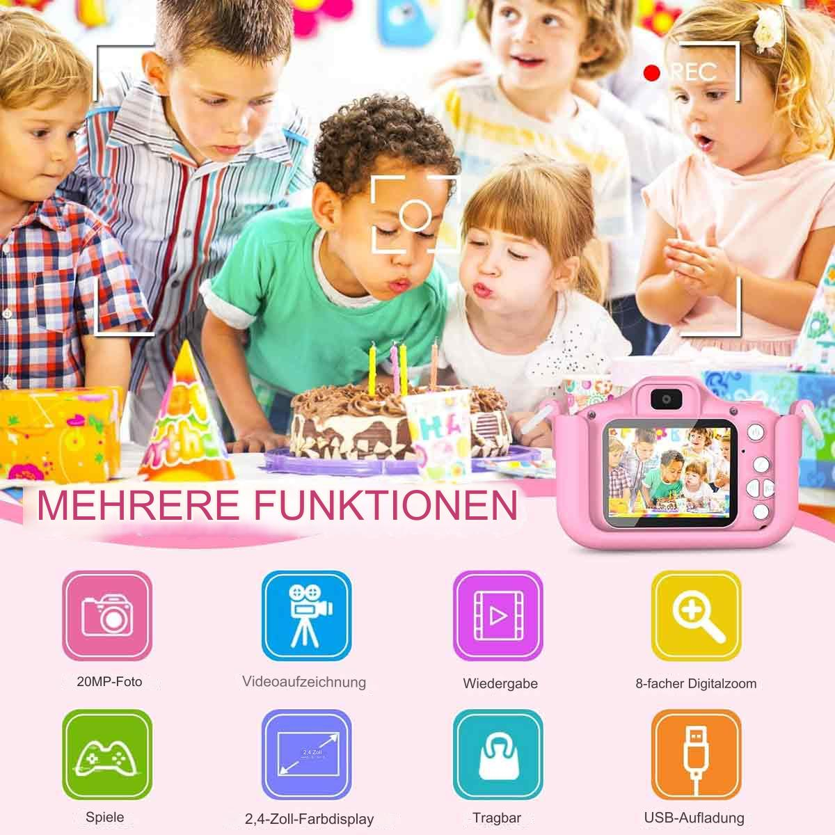 Kinder auf einer Party mit einer rosa Kamera. Text: mehrere Funktionen. Kuchen, Luftballons und Kinder.
