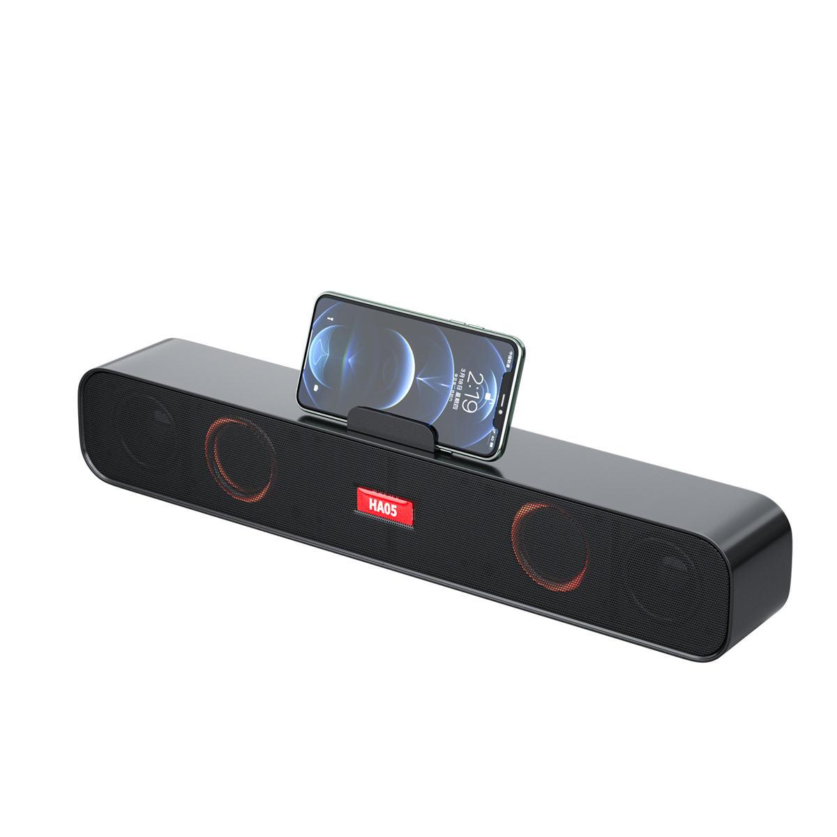 Schwarze Soundbar mit Telefon oben. Telefon zeigt die Uhrzeit 2:19 Uhr. Rote Lichter an den Seiten.
