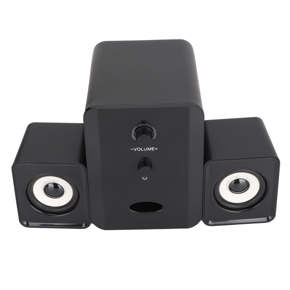 Schwarzes Lautsprechersystem mit zwei Satellitenlautsprechern und einem Subwoofer mit Lautstärkeregler.