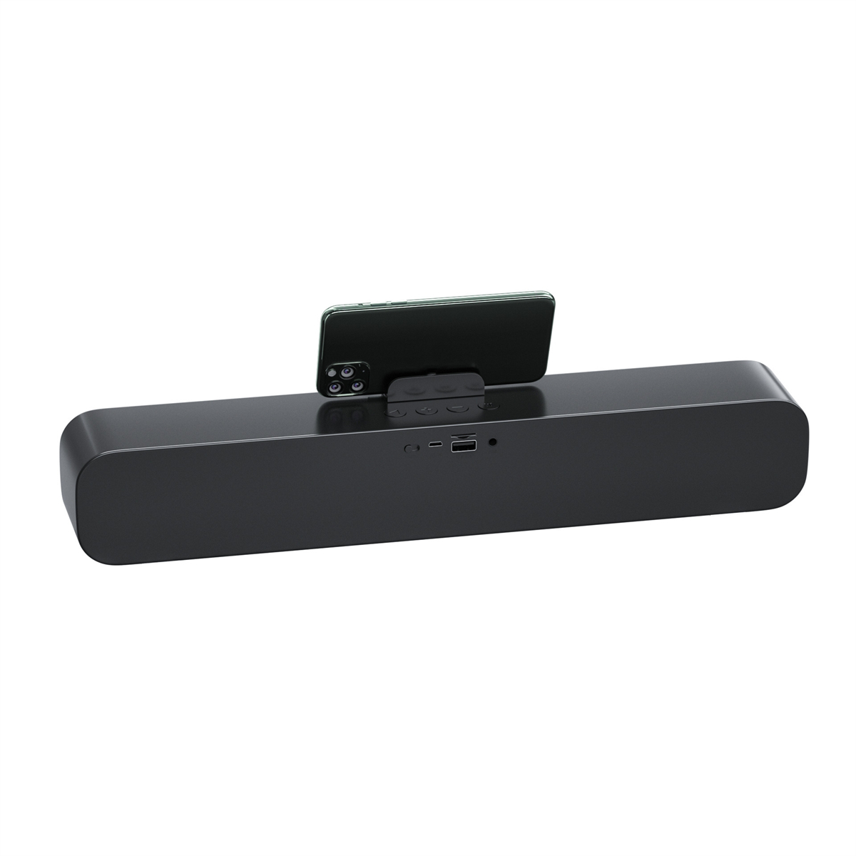 Schwarze Soundbar mit Telefon oben. Knöpfe und Anschlüsse sind sichtbar.