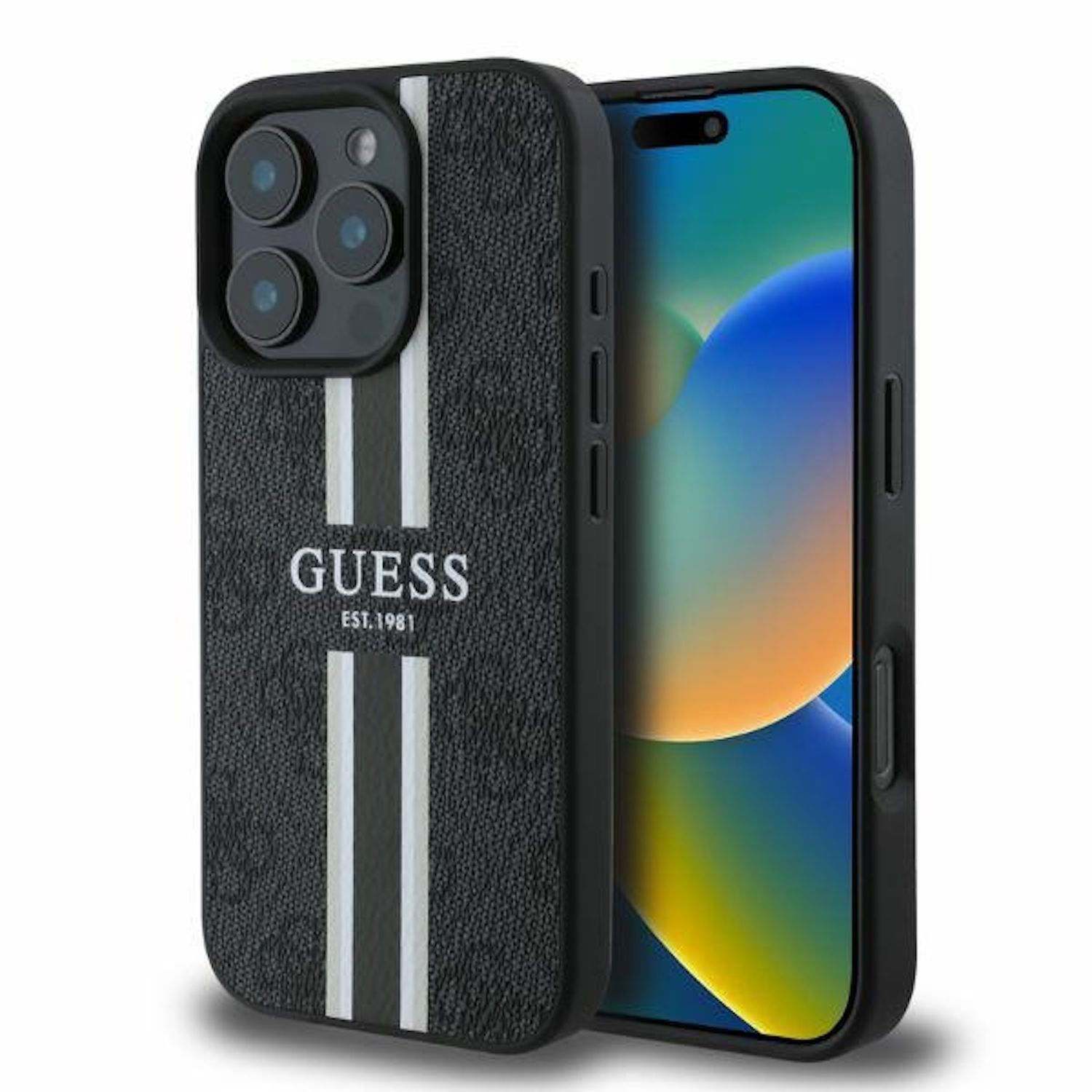 Schwarze Handyhülle mit weißen Streifen und GUESS-Logo und ein iPhone.