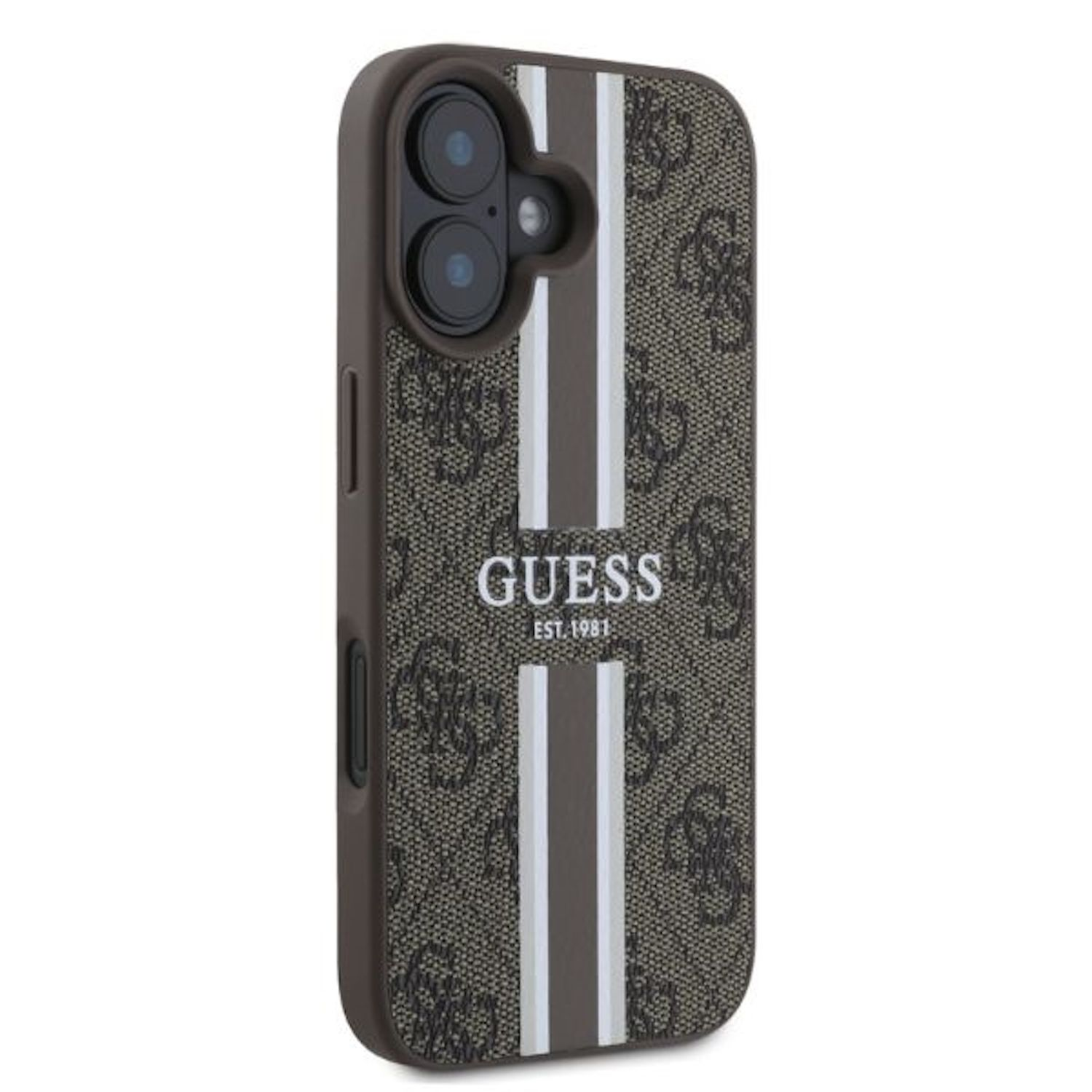 Custodia marrone per telefono con motivo logo Guess e strisce bianche verticali.