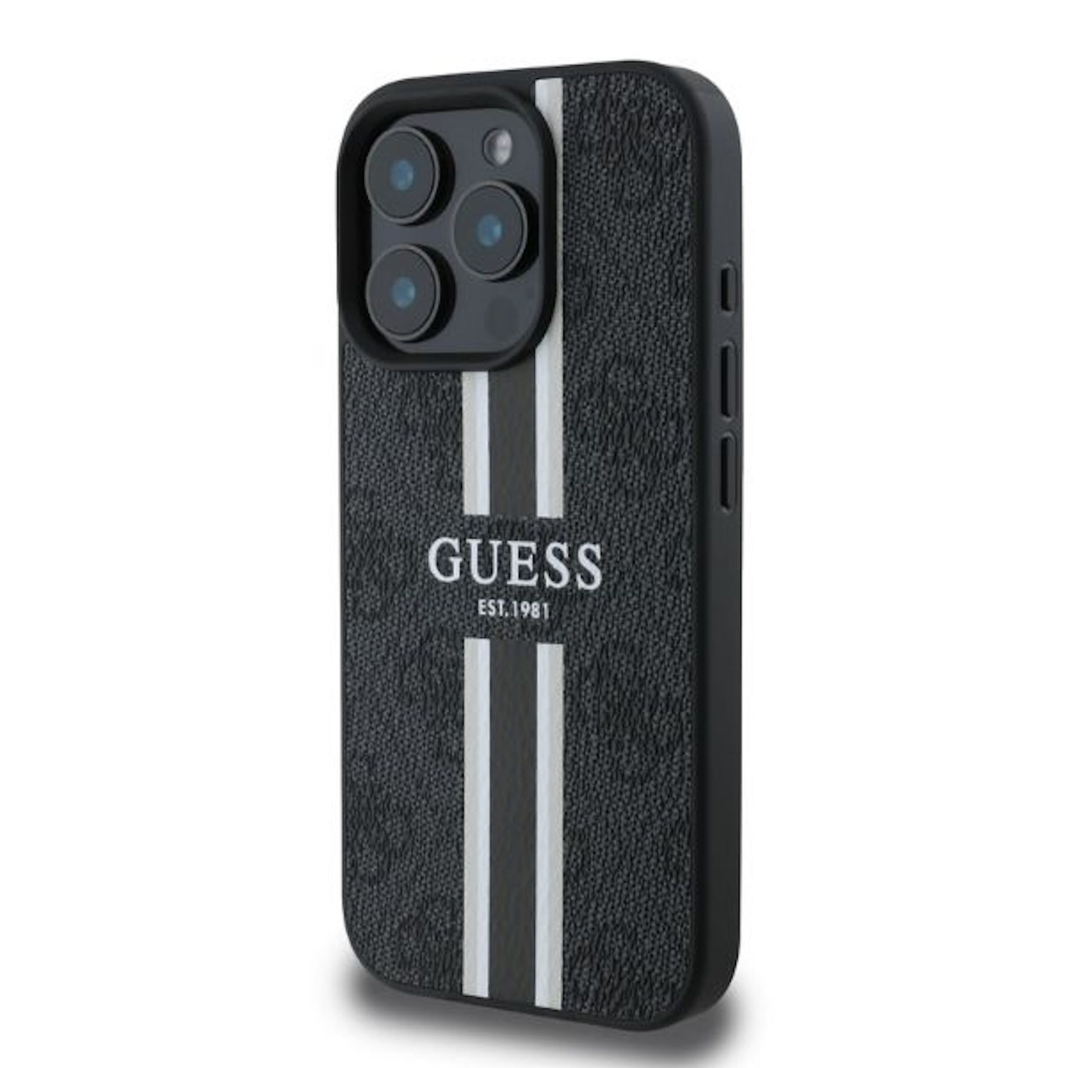 Schwarze Handyhülle mit weißen Streifen und dem Wort "GUESS" darauf und die Kamera.