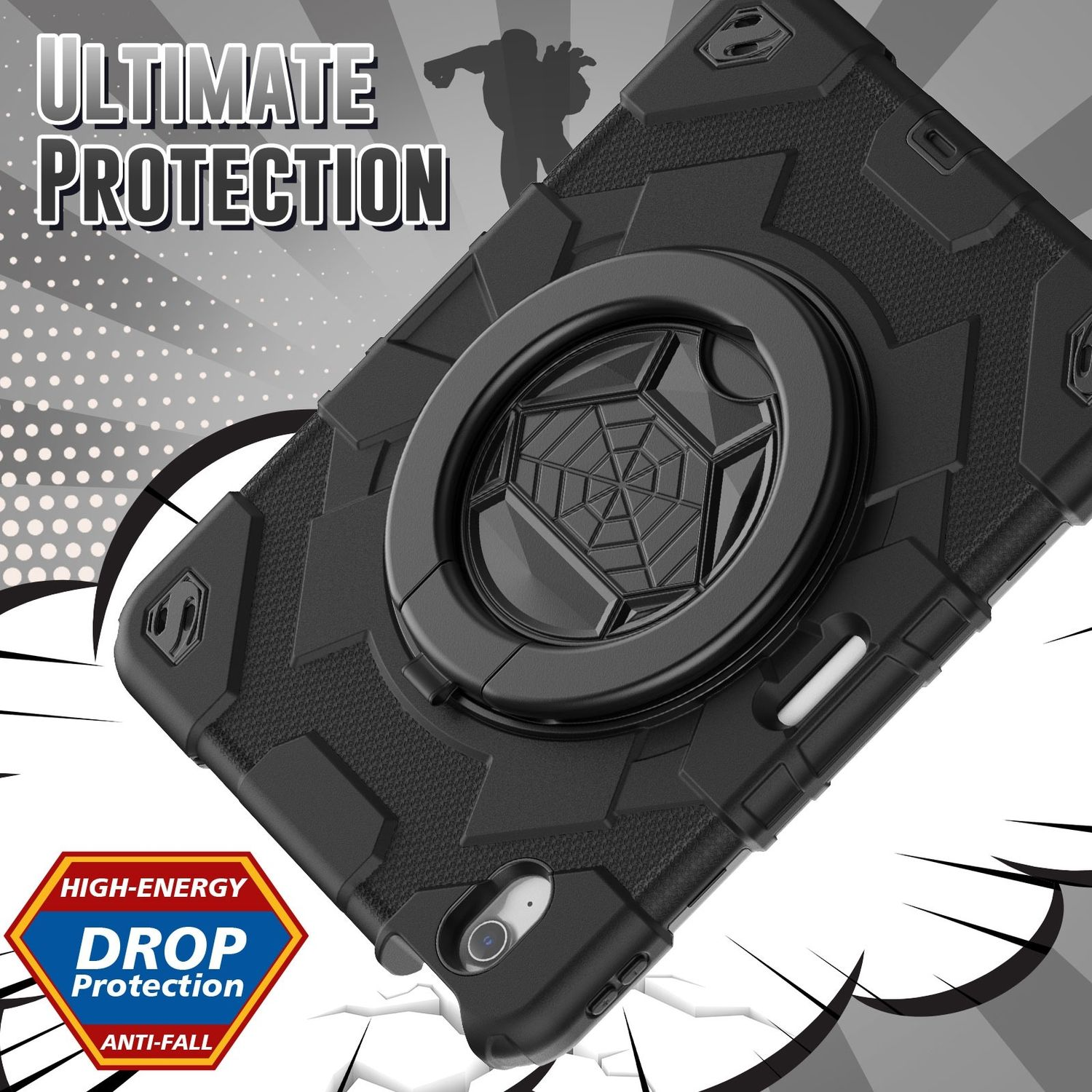 Eine schwarze Tablet-Hülle mit einem drehbaren Halter und dem Text 'ULTIMATE PROTECTION' und 'DROP PROTECTION'.