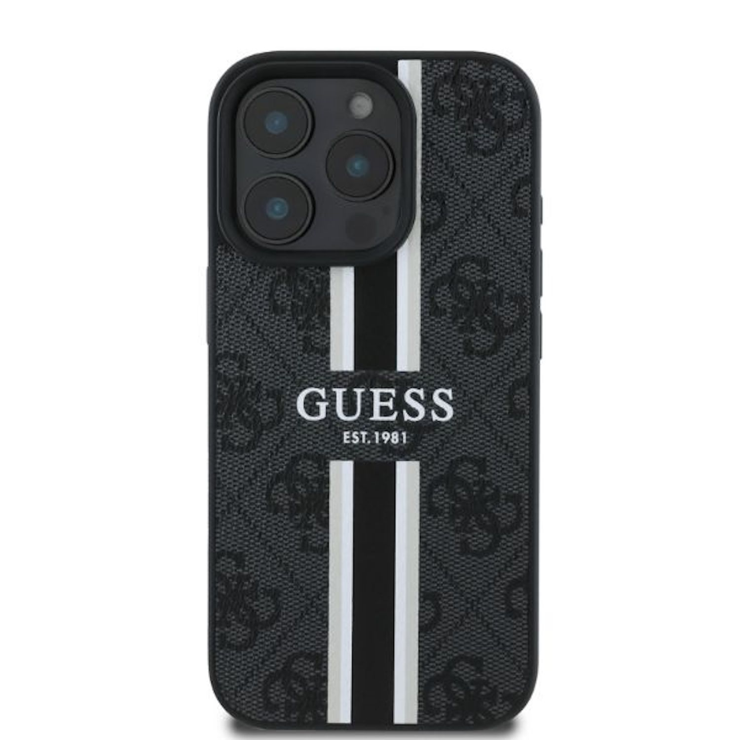 Schwarze Handyhülle mit Guess-Logo und vertikalen weißen Streifen.