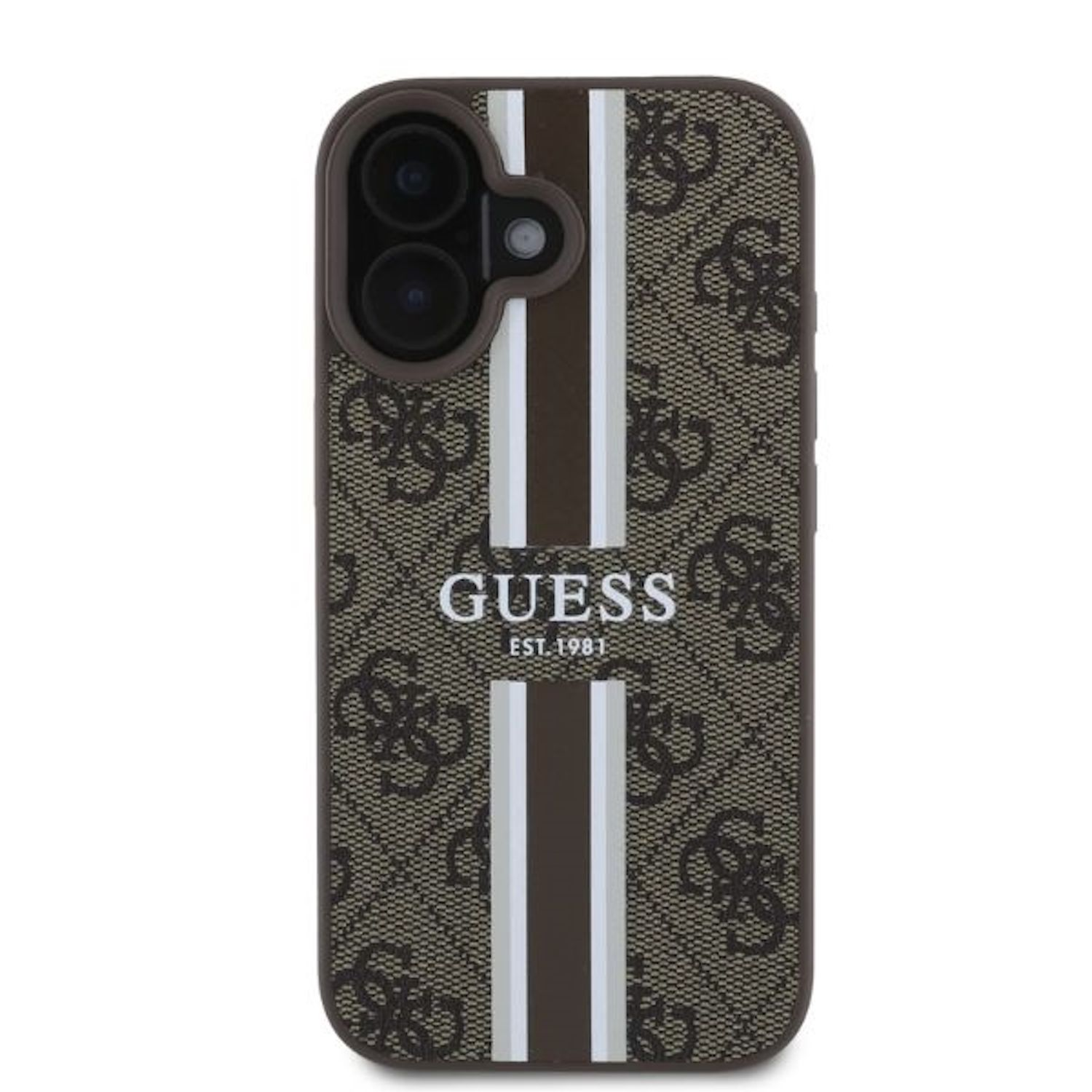 Custodia per telefono con il motivo del logo Guess a strisce marroni e bianche, con bordo marrone.