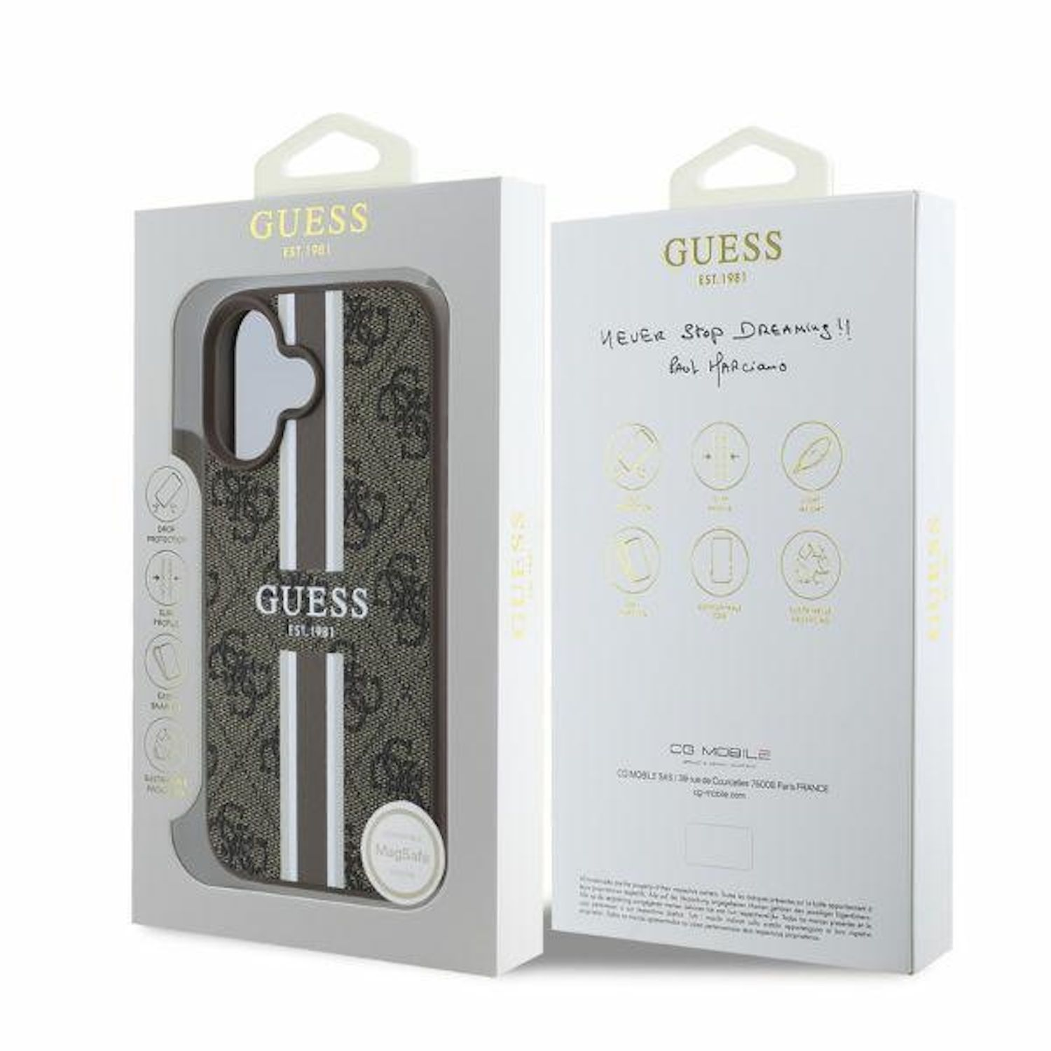Custodia per telefono GUESS in scatola. Motivo marrone e bianco con il logo GUESS.