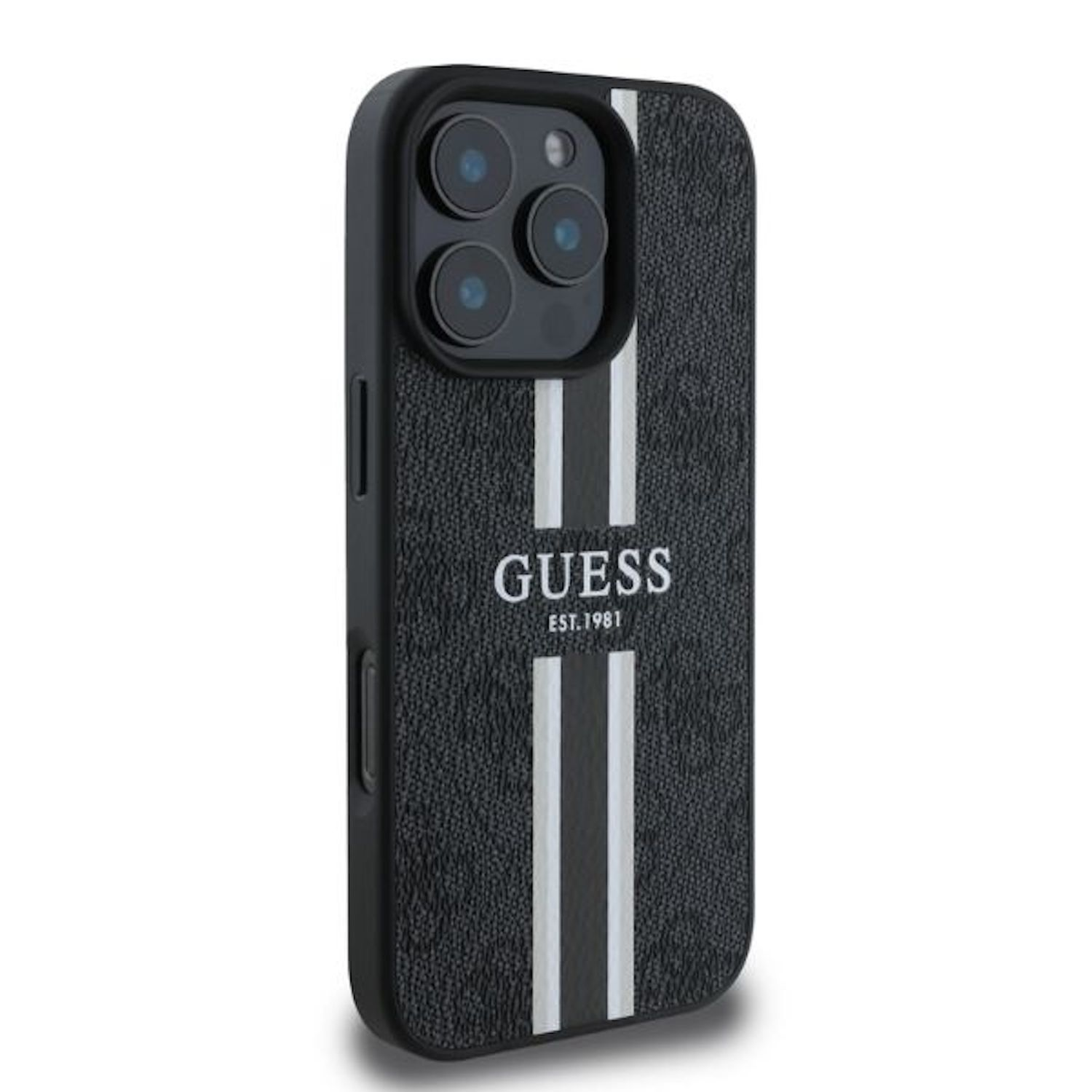 Schwarze iPhone-Hülle mit weißen Streifen und dem Wort GUESS.