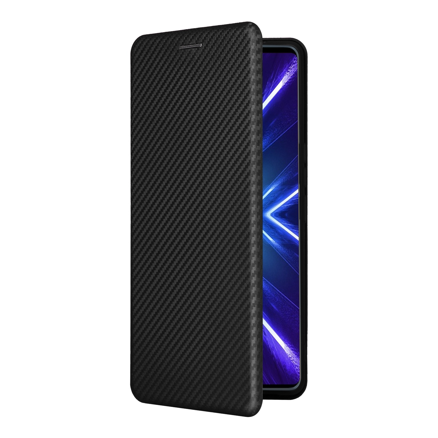 Eine schwarze Handyhülle mit Carbonfaserstruktur. Der Bildschirm des Telefons ist im geöffneten Zustand sichtbar.