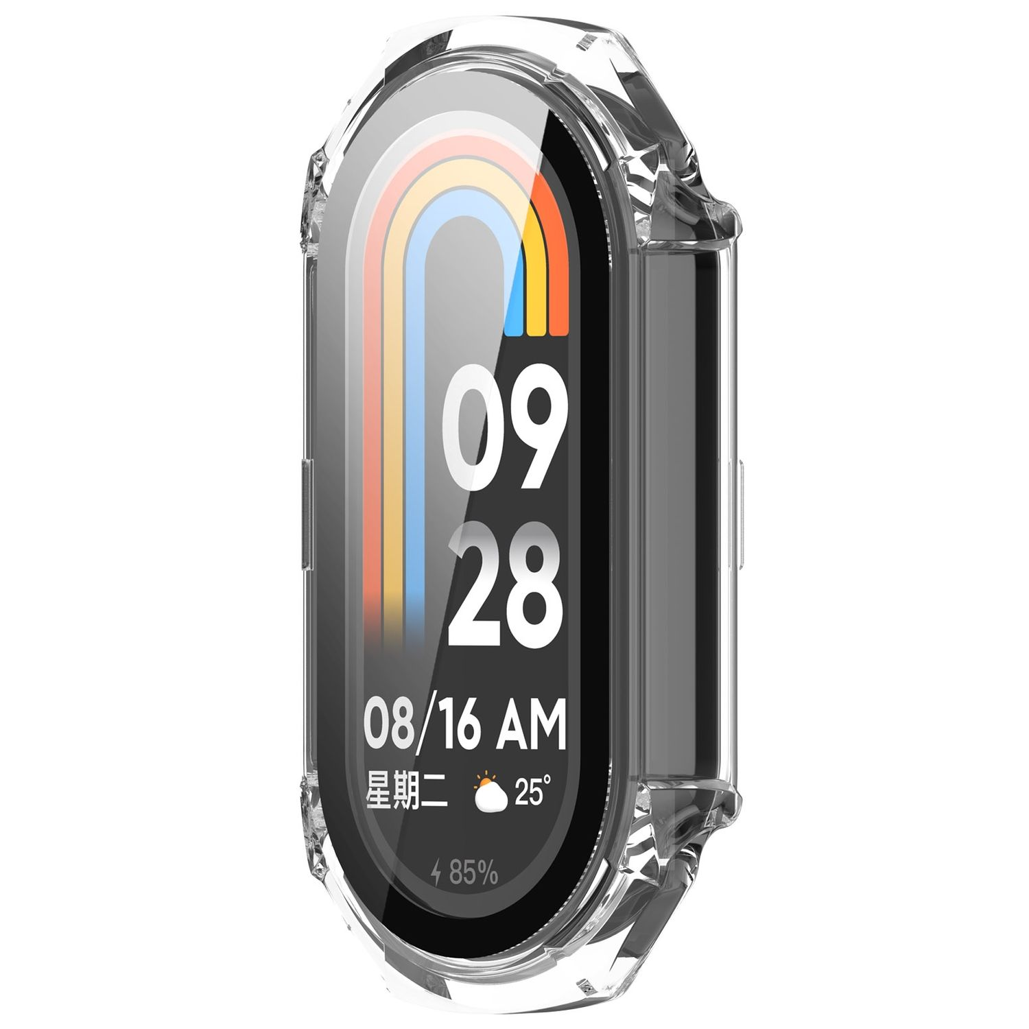 Smartwatch mit klarer Schutzhülle, schwarzem Bildschirm mit Uhrzeit und Datum, und farbenfrohem Bogen-Design.